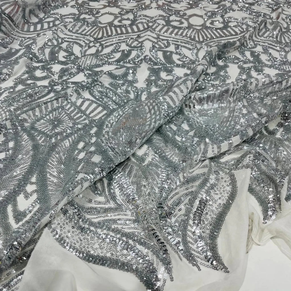 Silver - Marvelous Mermaid Luxury Shiny Sequin 4-Way Stretch Mesh Fabric – Prom & Evening Dress Material By The Yard.