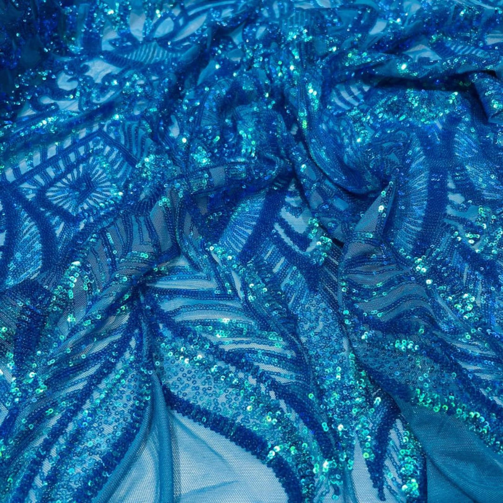 Turquoise - Marvelous Mermaid Luxury Shiny Sequin 4-Way Stretch Mesh Fabric – Prom & Evening Dress Material By The Yard.