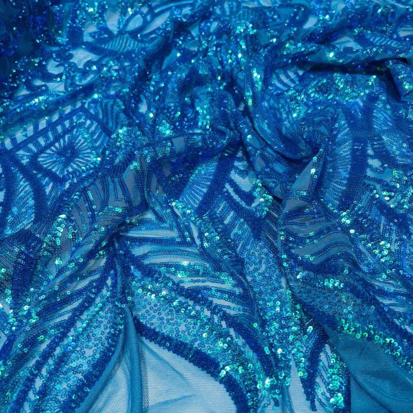 Turquoise - Marvelous Mermaid Luxury Shiny Sequin 4-Way Stretch Mesh Fabric – Prom & Evening Dress Material By The Yard.
