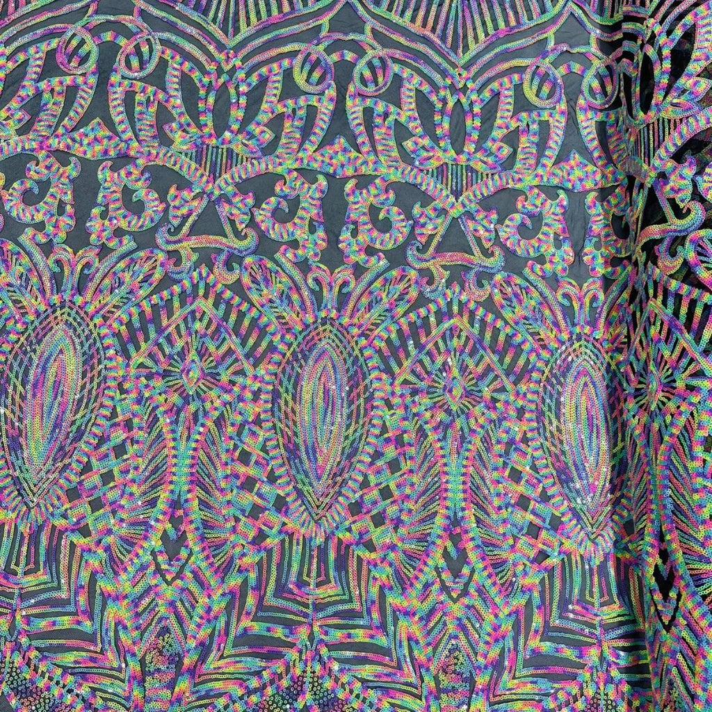 Rainbow Black - Marvelous Mermaid Luxury Shiny Sequin 4-Way Stretch Mesh Fabric – Prom & Evening Dress Material By The Yard.