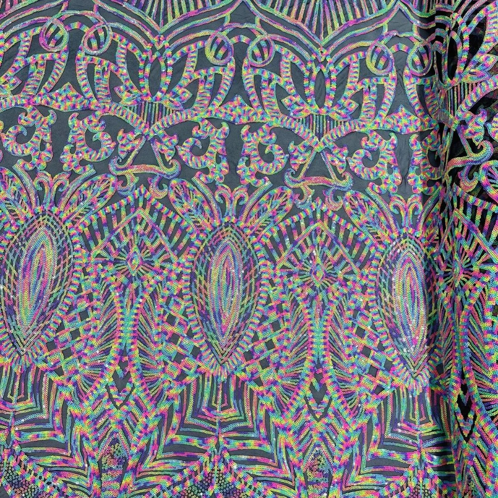 Rainbow Black - Marvelous Mermaid Luxury Shiny Sequin 4-Way Stretch Mesh Fabric – Prom & Evening Dress Material By The Yard.