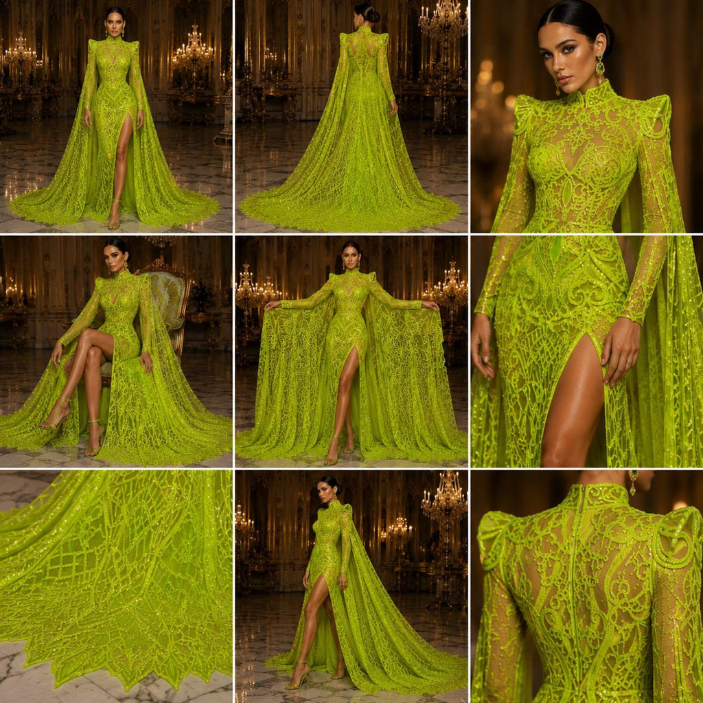 Neon Green - Marvelous Mermaid Luxury Shiny Sequin 4-Way Stretch Mesh Fabric – Prom & Evening Dress Material By The Yard.