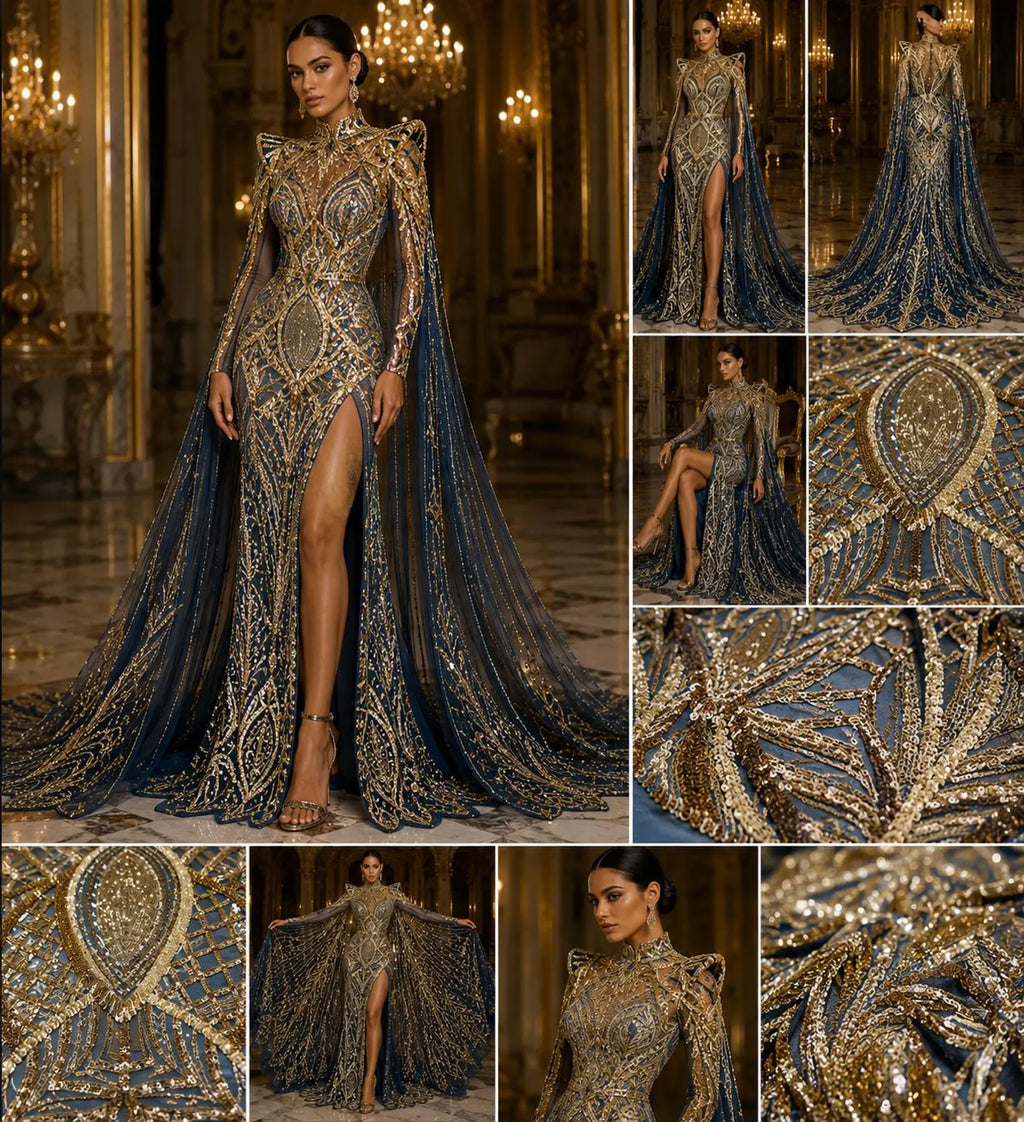 Gold Black - Marvelous Mermaid Luxury Shiny Sequin 4-Way Stretch Mesh Fabric – Prom & Evening Dress Material By The Yard.
