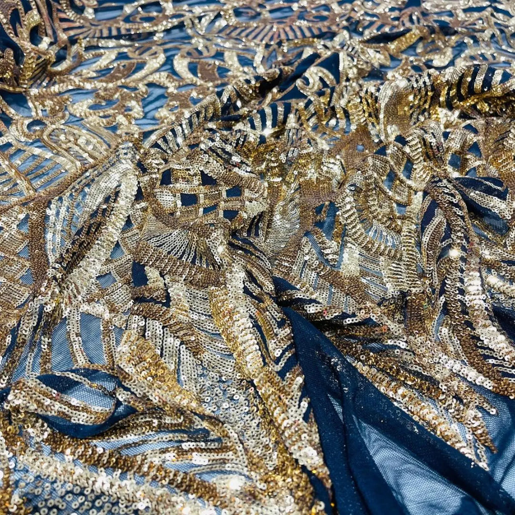 Gold Black - Marvelous Mermaid Luxury Shiny Sequin 4-Way Stretch Mesh Fabric – Prom & Evening Dress Material By The Yard.