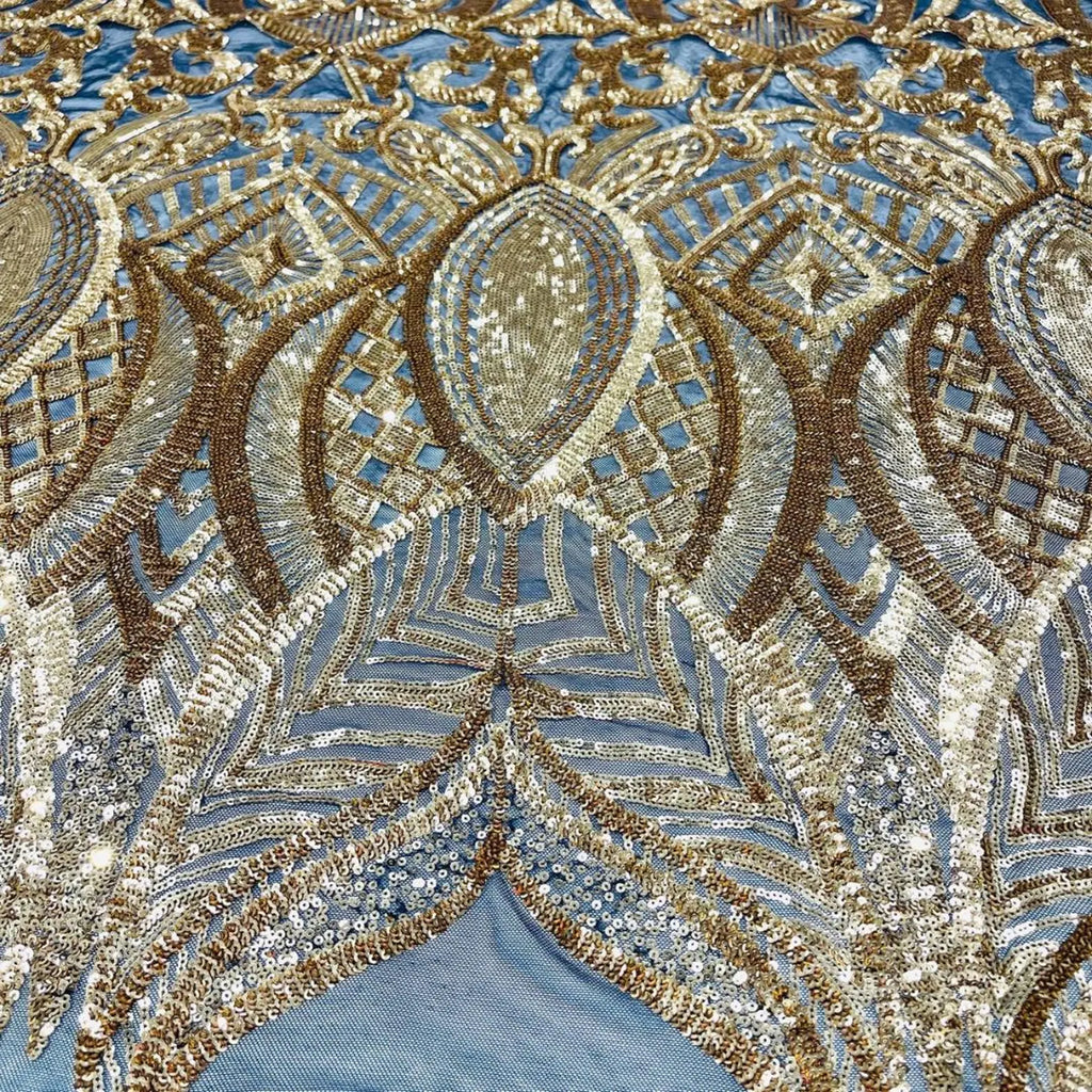 Gold Black - Marvelous Mermaid Luxury Shiny Sequin 4-Way Stretch Mesh Fabric – Prom & Evening Dress Material By The Yard.