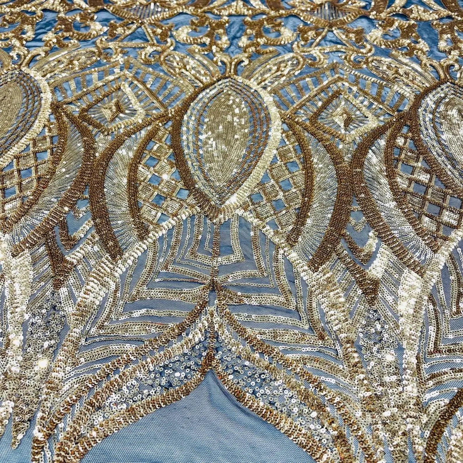 Gold Black - Marvelous Mermaid Luxury Shiny Sequin 4-Way Stretch Mesh Fabric – Prom & Evening Dress Material By The Yard.