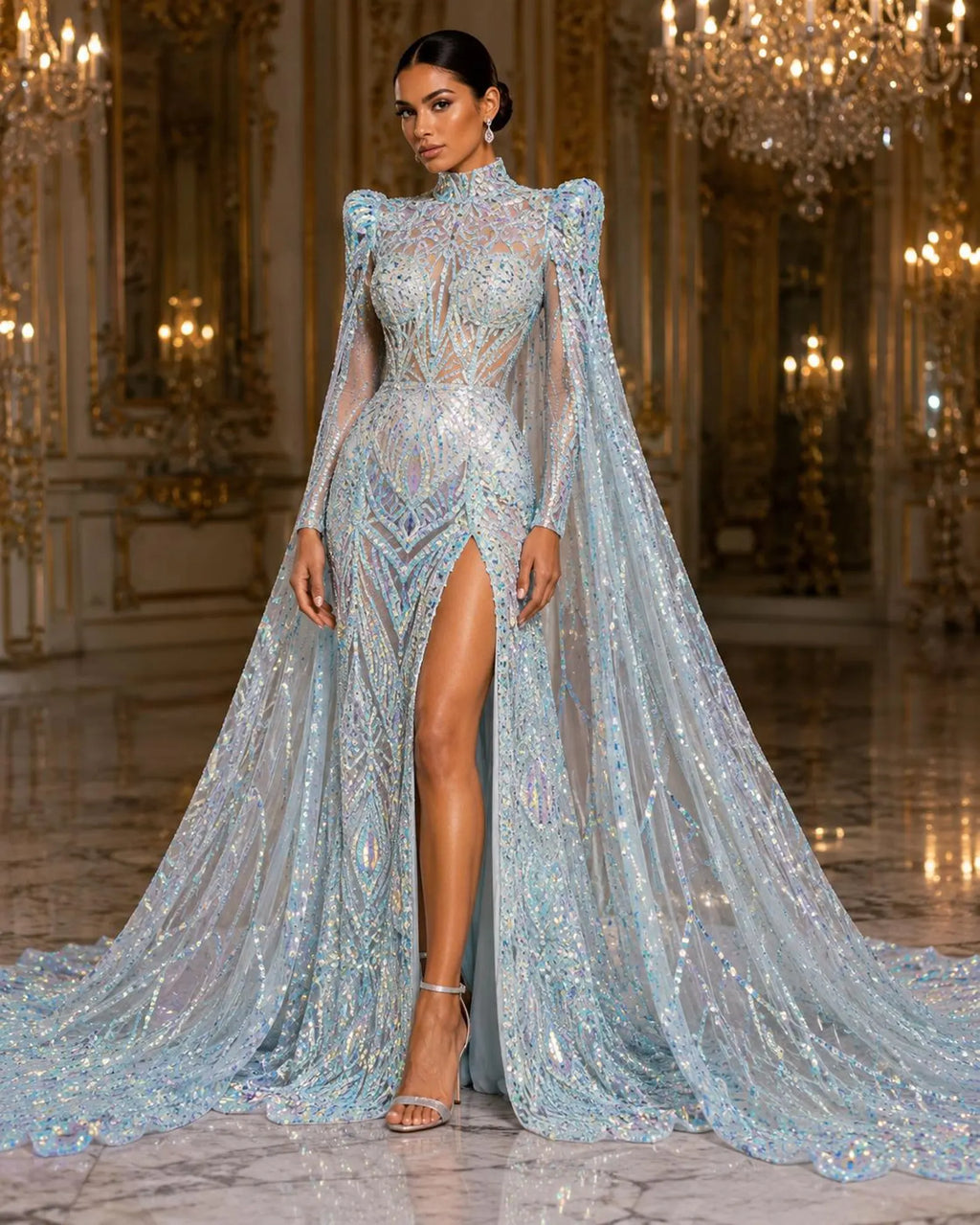 Aqua White - Marvelous Mermaid Luxury Shiny Sequin 4-Way Stretch Mesh Fabric – Prom & Evening Dress Material By The Yard.