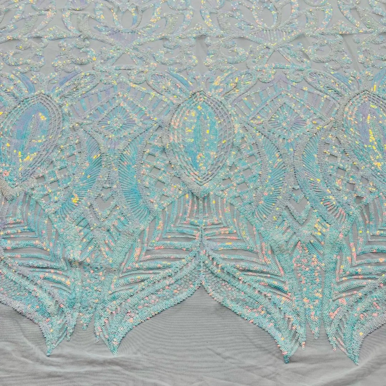 Aqua White - Marvelous Mermaid Luxury Shiny Sequin 4-Way Stretch Mesh Fabric – Prom & Evening Dress Material By The Yard.