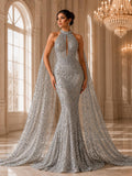 Luxurious Design Lace - Silver - Geometric Beaded Design with Embroidered Sequins and Beads On a Mesh Lace Fabric By The Yard