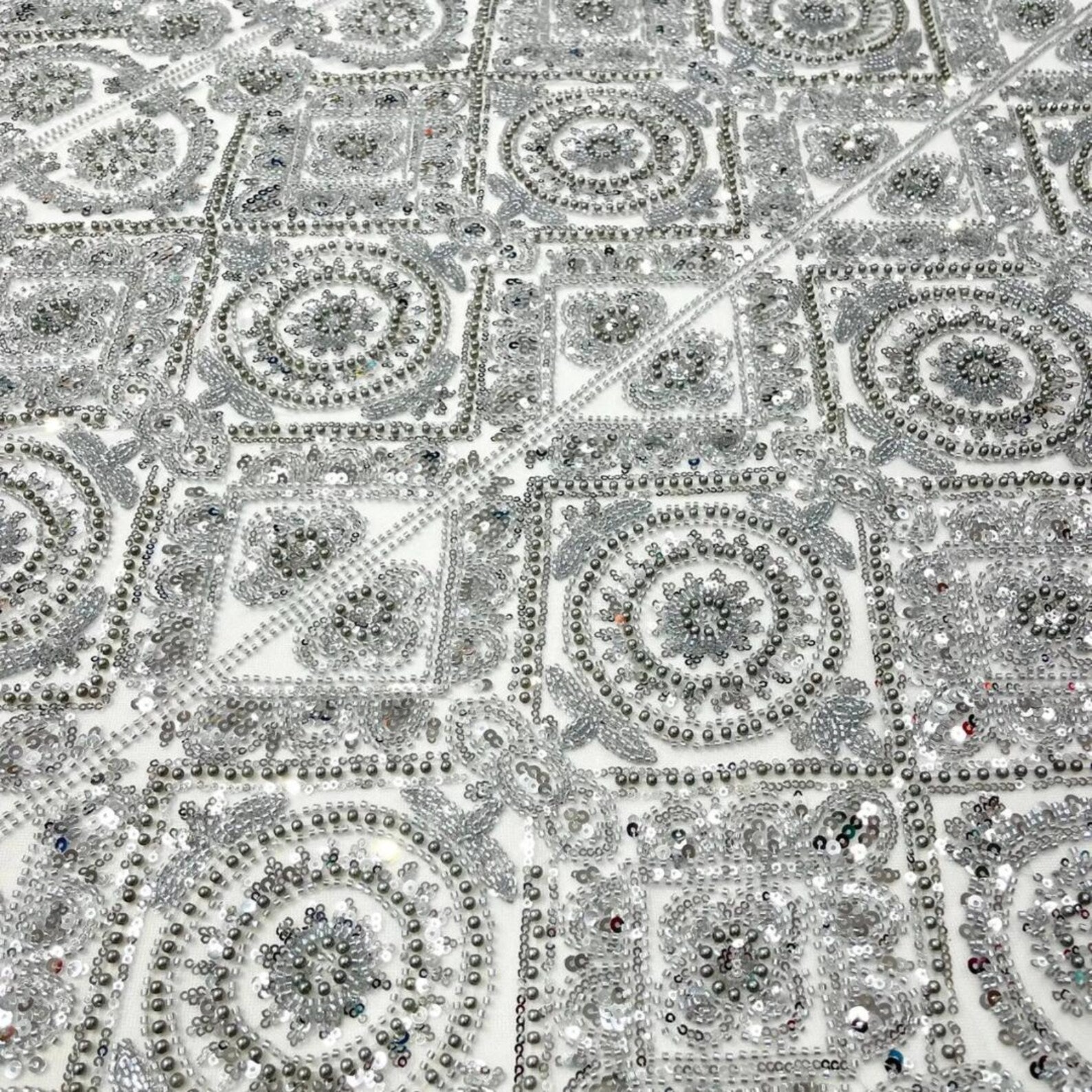 Luxurious Design Lace - Silver - Geometric Beaded Design with Embroidered Sequins and Beads On a Mesh Lace Fabric By The Yard