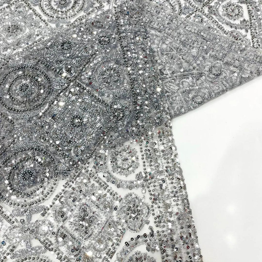 Luxurious Design Lace - Silver - Geometric Beaded Design with Embroidered Sequins and Beads On a Mesh Lace Fabric By The Yard
