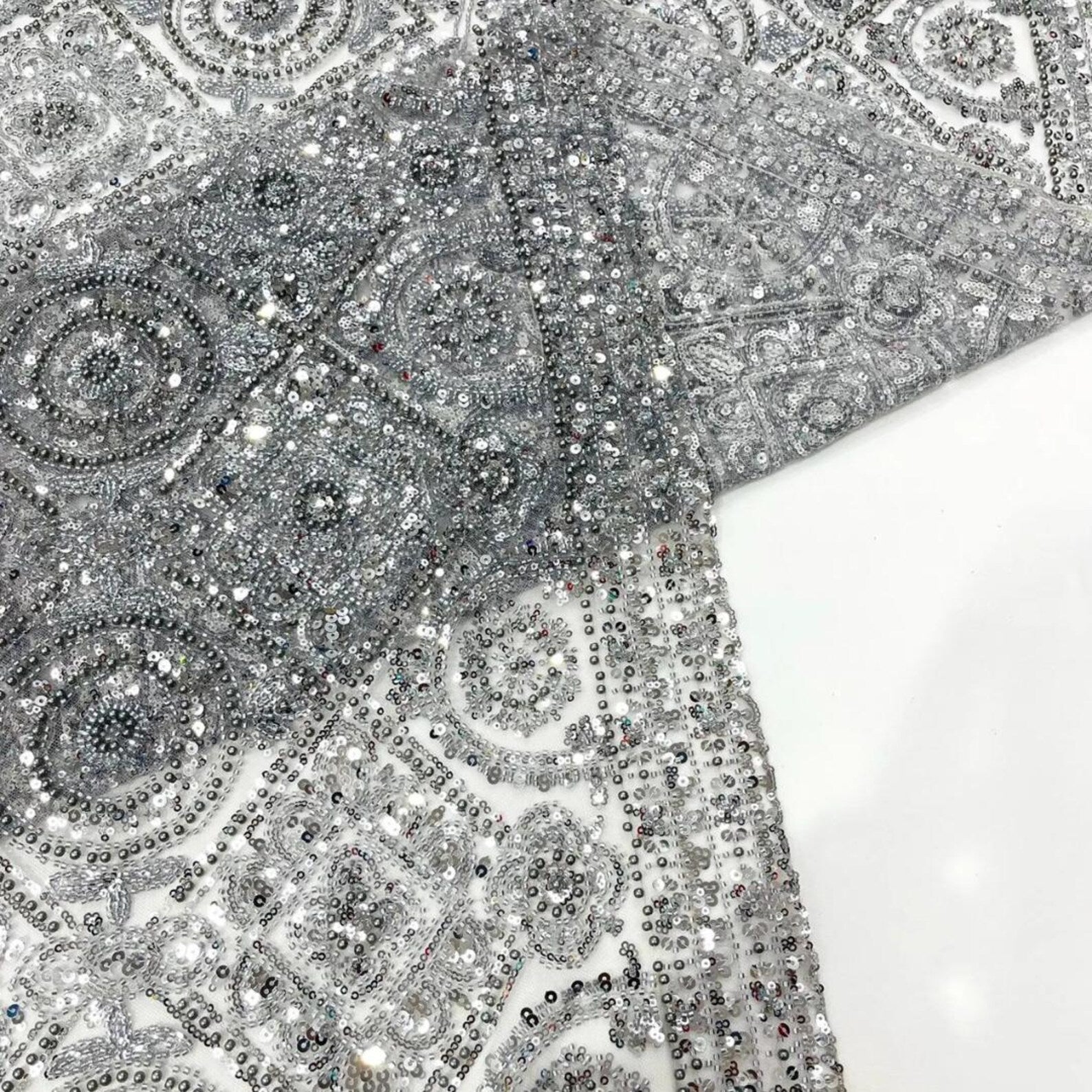 Luxurious Design Lace - Silver - Geometric Beaded Design with Embroidered Sequins and Beads On a Mesh Lace Fabric By The Yard