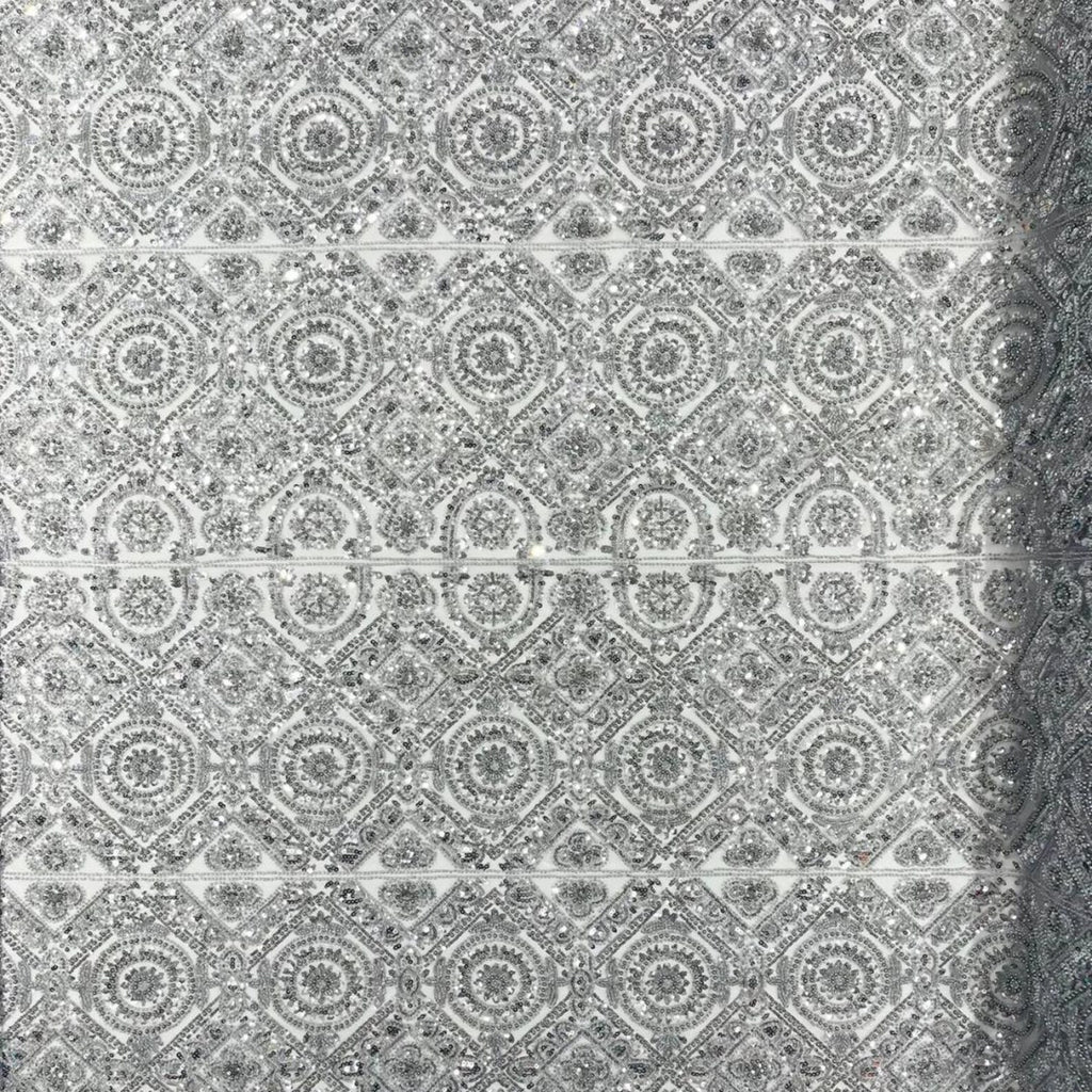 Luxurious Design Lace - Silver - Geometric Beaded Design with Embroidered Sequins and Beads On a Mesh Lace Fabric By The Yard