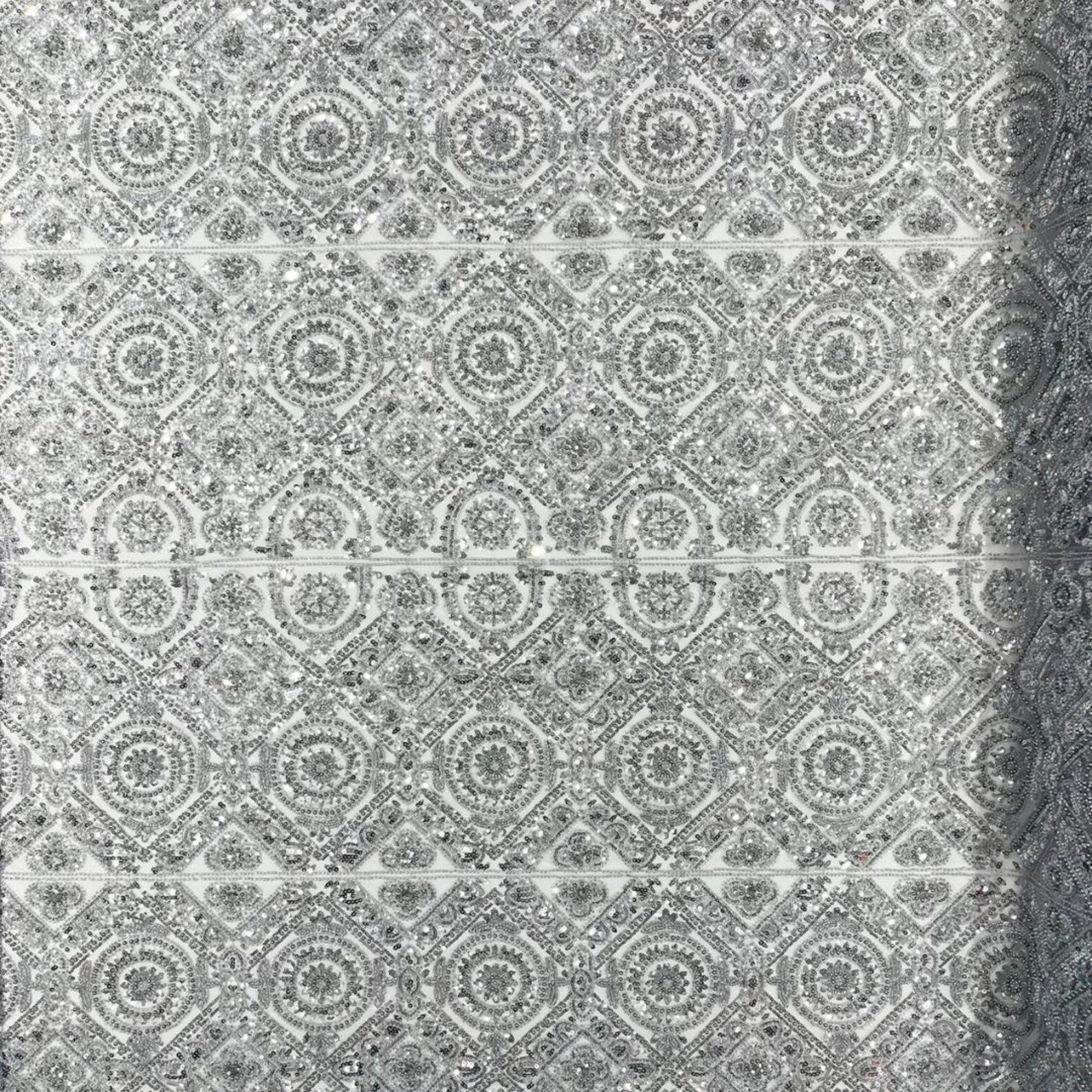 Luxurious Design Lace - Silver - Geometric Beaded Design with Embroidered Sequins and Beads On a Mesh Lace Fabric By The Yard