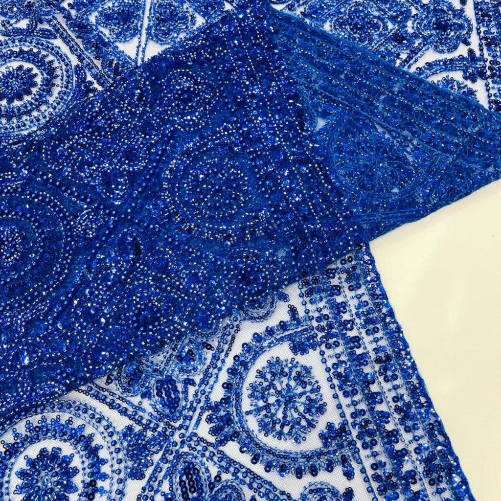 Luxurious Design Lace - Royal - Geometric Beaded Design with Embroidered Sequins and Beads On a Mesh Lace Fabric By The Yard
