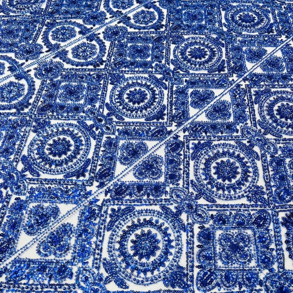 Luxurious Design Lace - Royal - Geometric Beaded Design with Embroidered Sequins and Beads On a Mesh Lace Fabric By The Yard