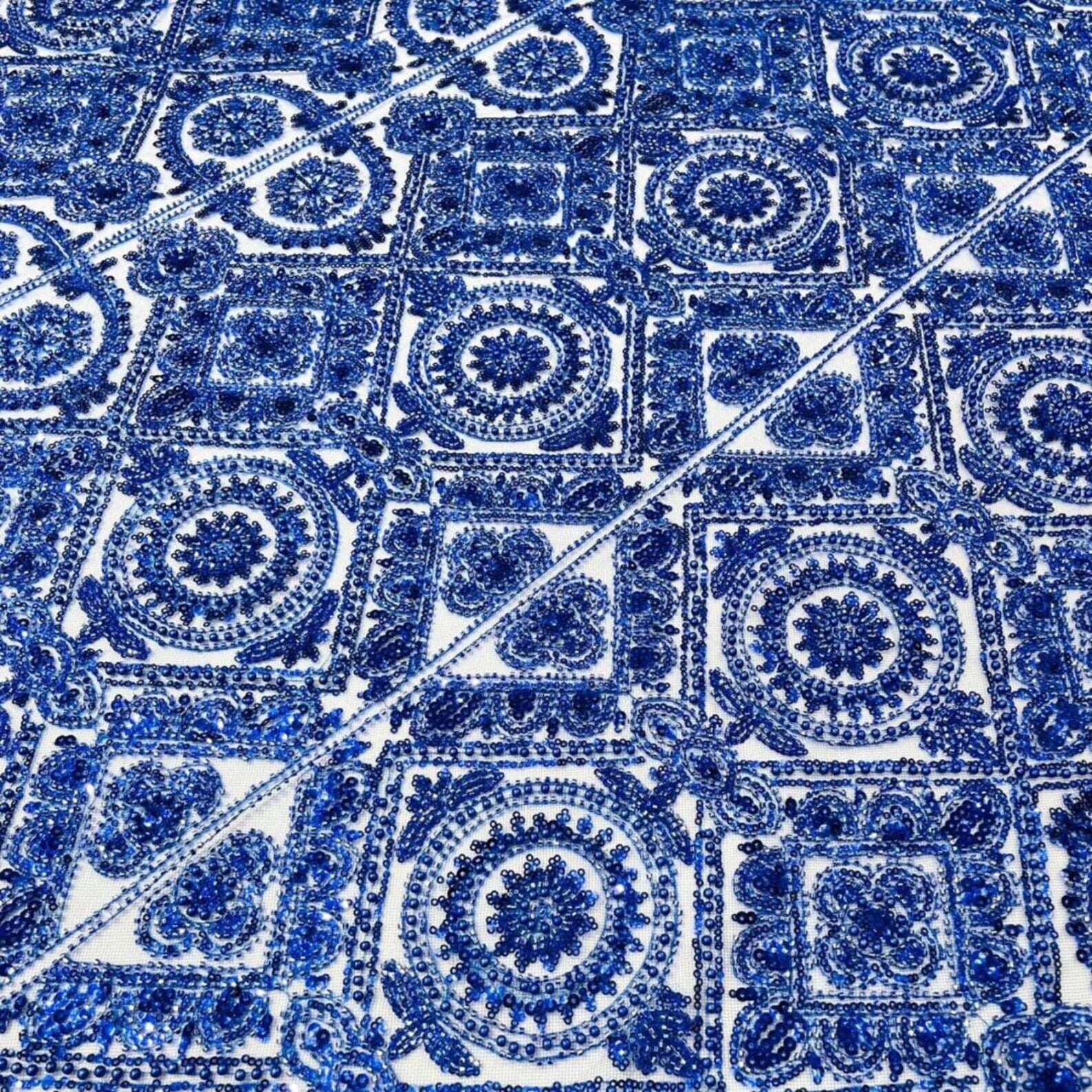Luxurious Design Lace - Royal - Geometric Beaded Design with Embroidered Sequins and Beads On a Mesh Lace Fabric By The Yard