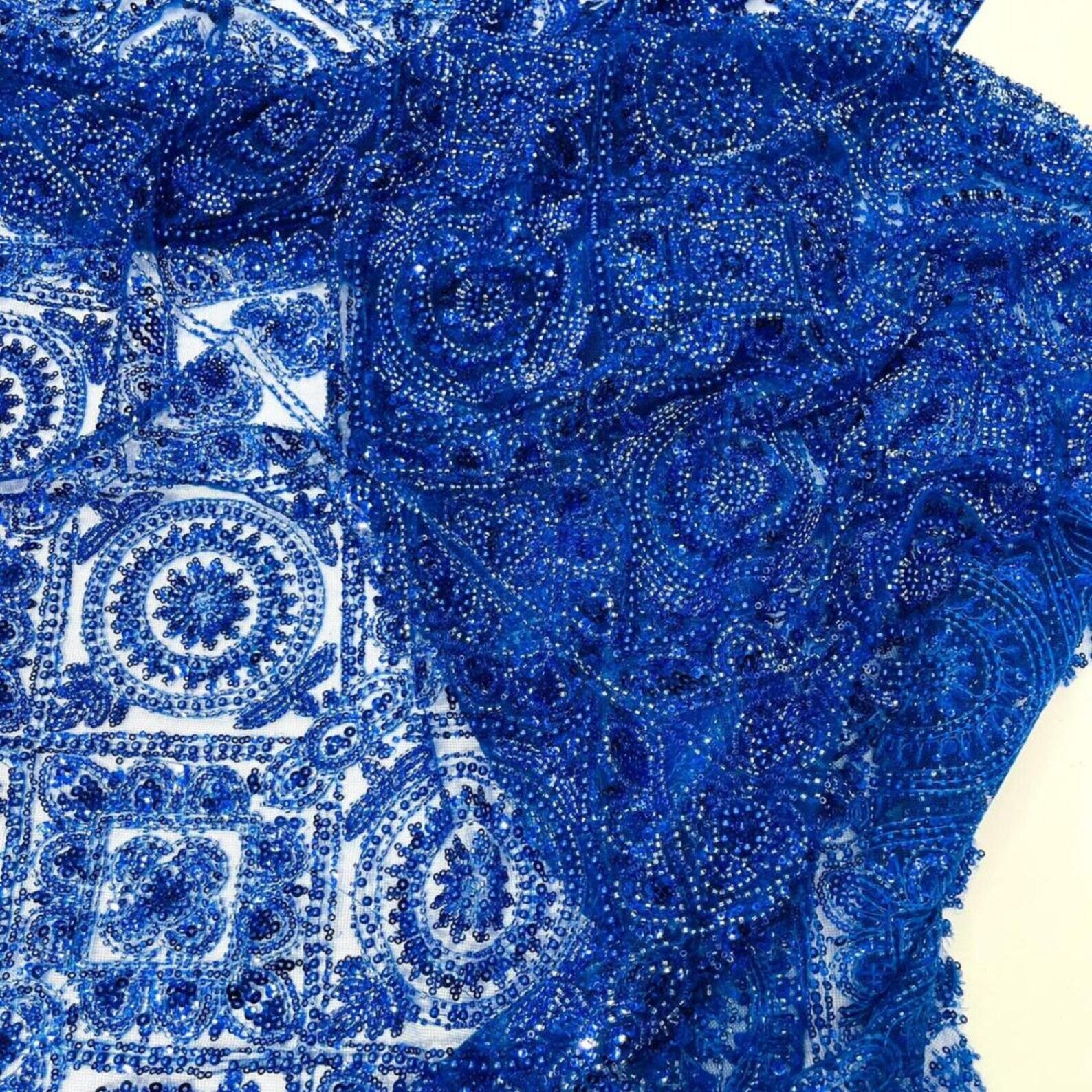 Luxurious Design Lace - Royal - Geometric Beaded Design with Embroidered Sequins and Beads On a Mesh Lace Fabric By The Yard