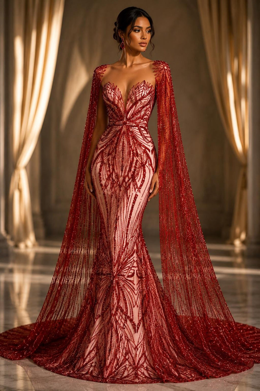 RED - Luxurious Design Lace - Beaded Design with Embroidered Sequins and Beads On a Mesh Lace Fabric By The Yard