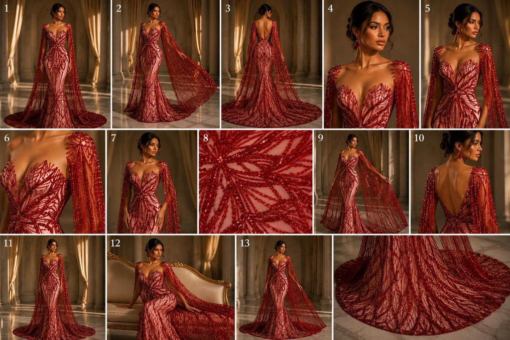 RED - Luxurious Design Lace - Beaded Design with Embroidered Sequins and Beads On a Mesh Lace Fabric By The Yard