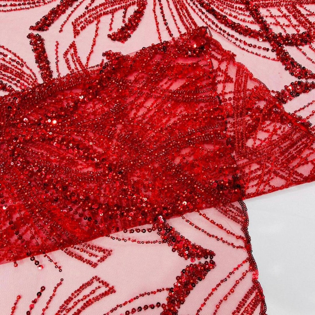 RED - Luxurious Design Lace - Beaded Design with Embroidered Sequins and Beads On a Mesh Lace Fabric By The Yard