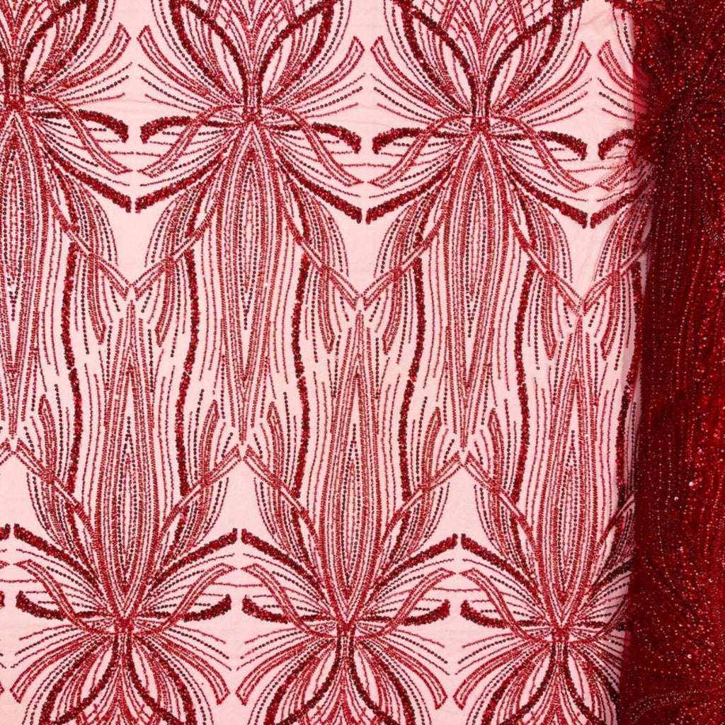 RED - Luxurious Design Lace - Beaded Design with Embroidered Sequins and Beads On a Mesh Lace Fabric By The Yard