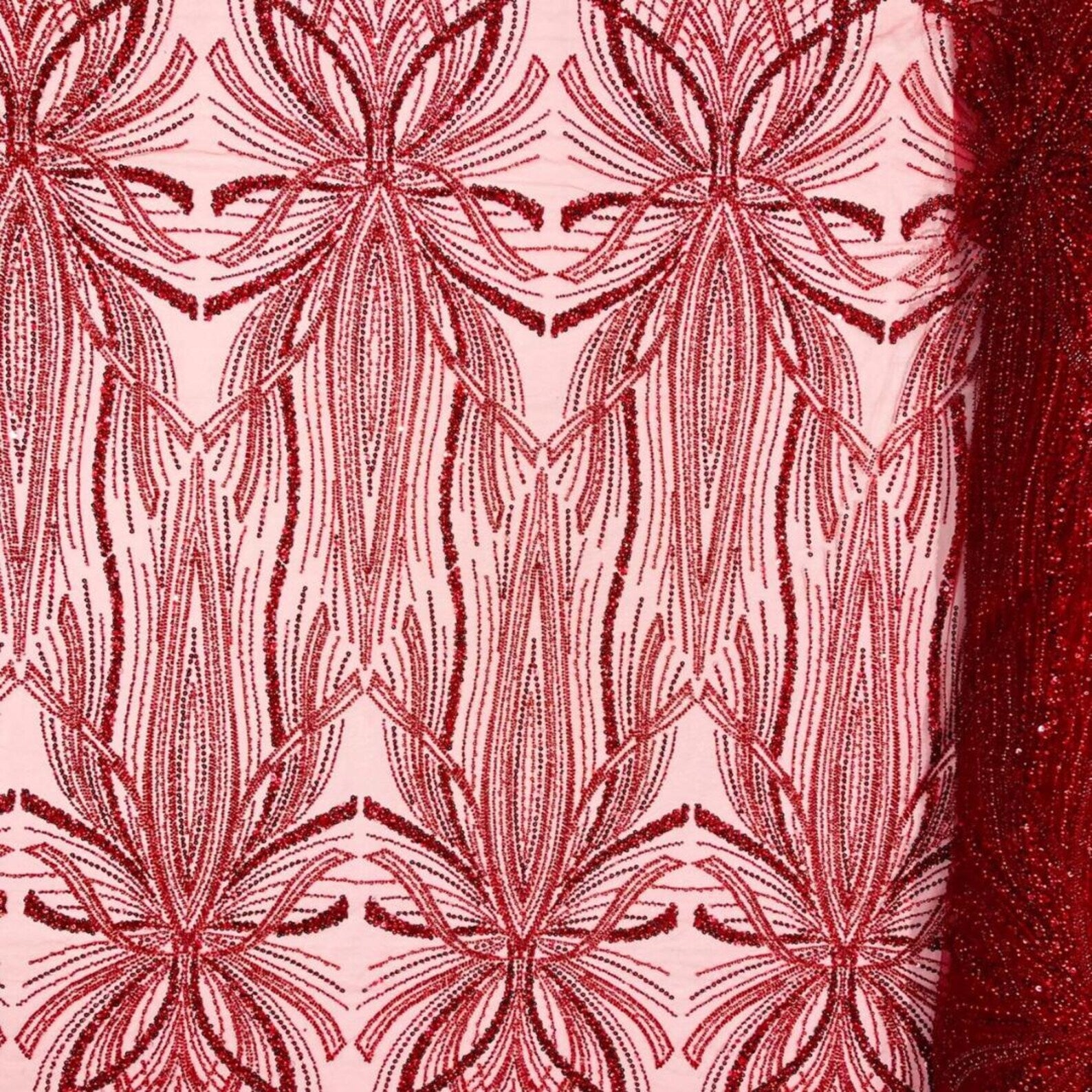 RED - Luxurious Design Lace - Beaded Design with Embroidered Sequins and Beads On a Mesh Lace Fabric By The Yard