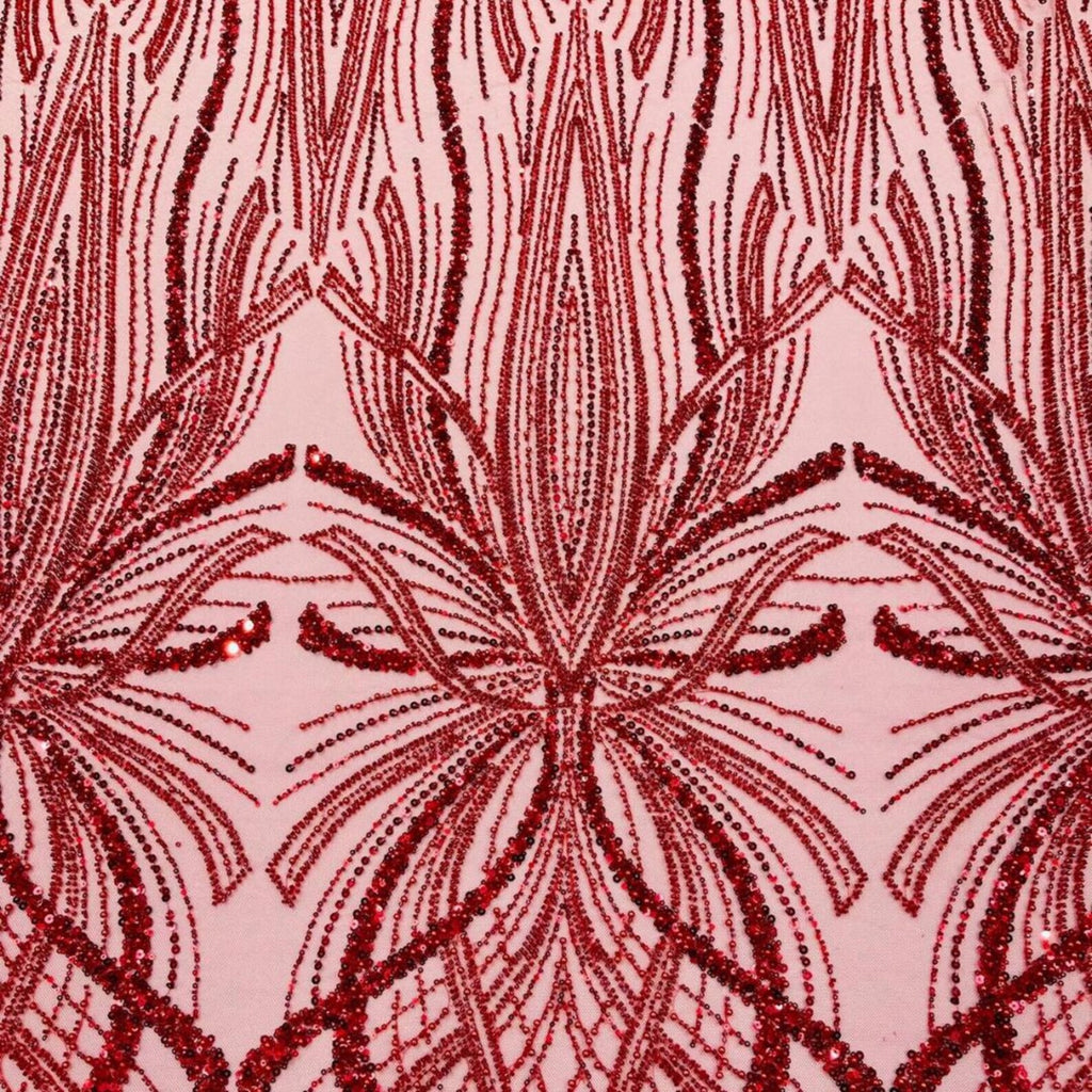 RED - Luxurious Design Lace - Beaded Design with Embroidered Sequins and Beads On a Mesh Lace Fabric By The Yard