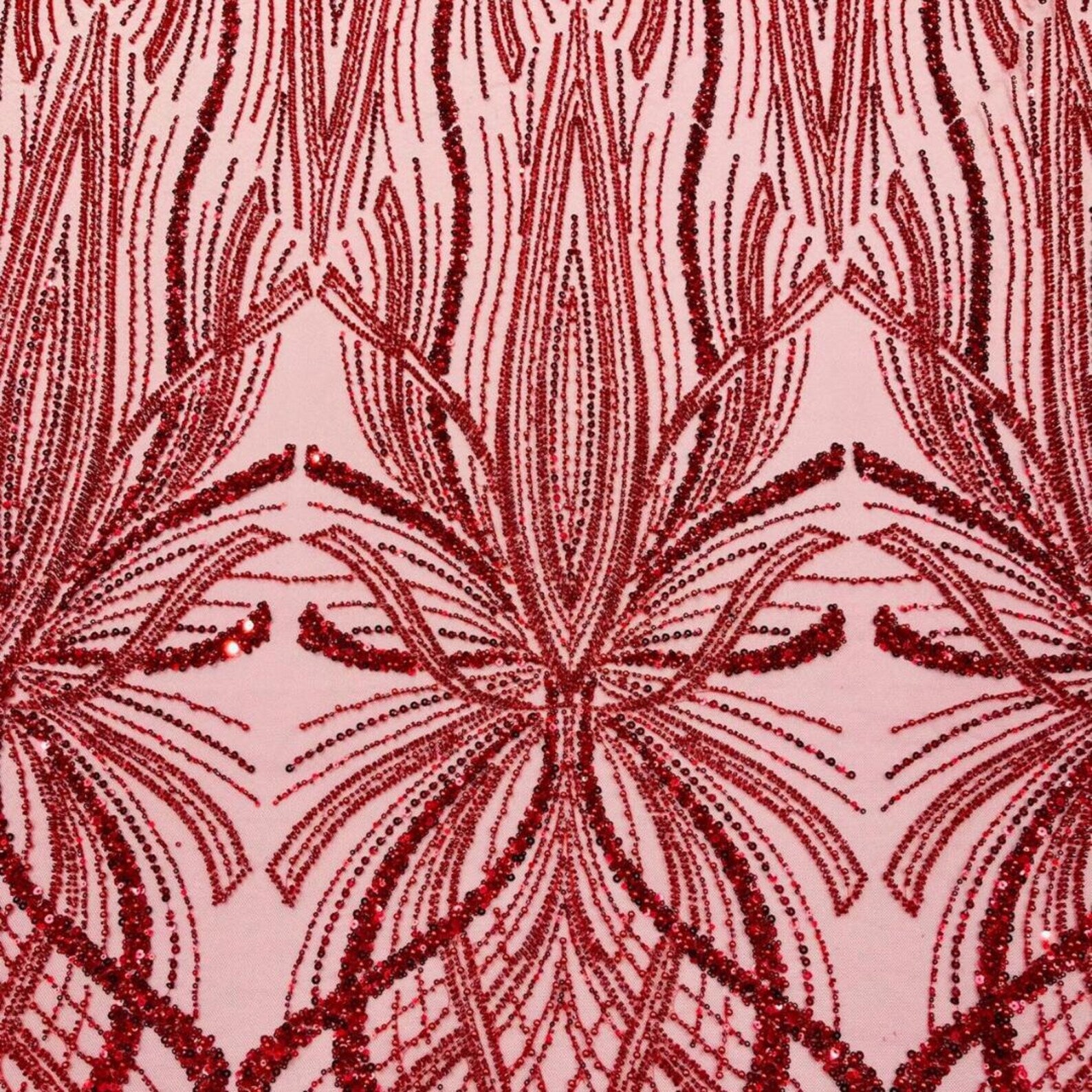 RED - Luxurious Design Lace - Beaded Design with Embroidered Sequins and Beads On a Mesh Lace Fabric By The Yard