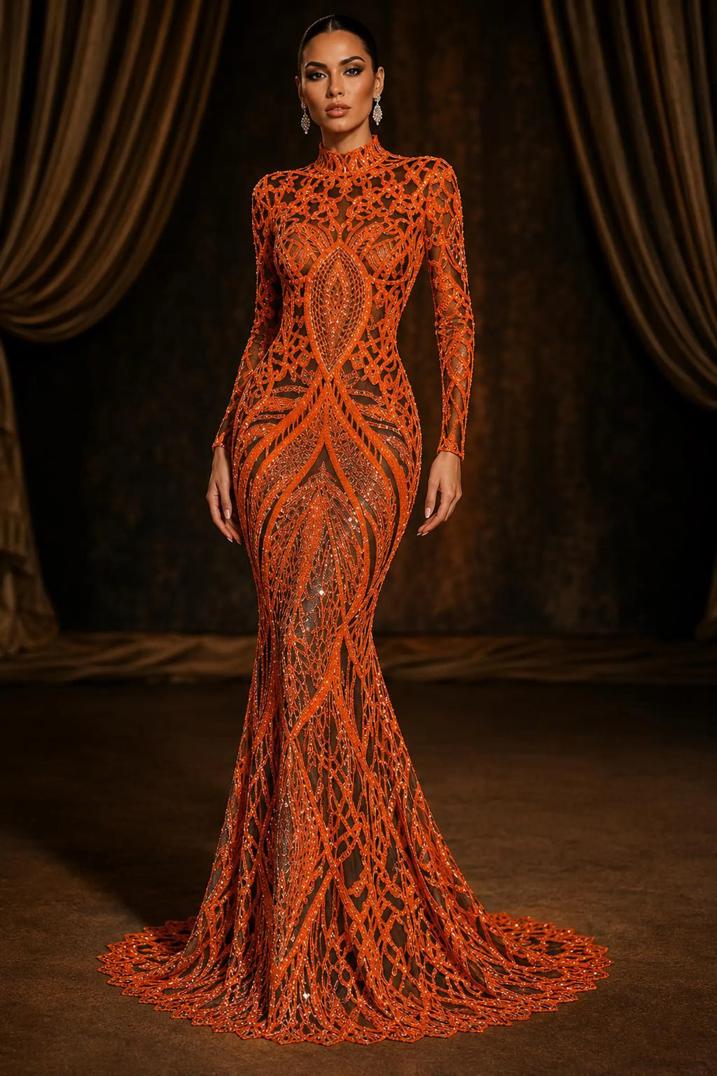 Neon Orange/Black - Marvelous Mermaid Luxury Shiny Sequin 4-Way Stretch Mesh Fabric – Prom & Evening Dress Material By The Yard.