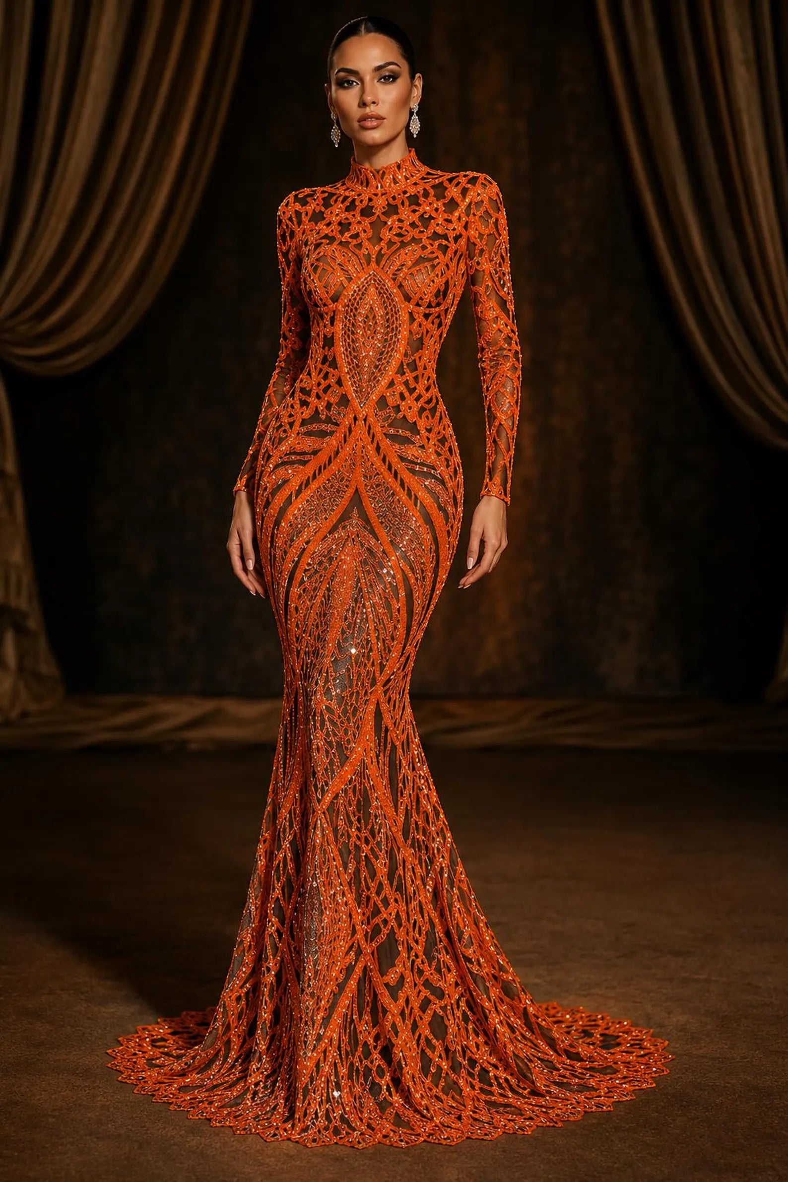 Neon Orange/Black - Marvelous Mermaid Luxury Shiny Sequin 4-Way Stretch Mesh Fabric – Prom & Evening Dress Material By The Yard.