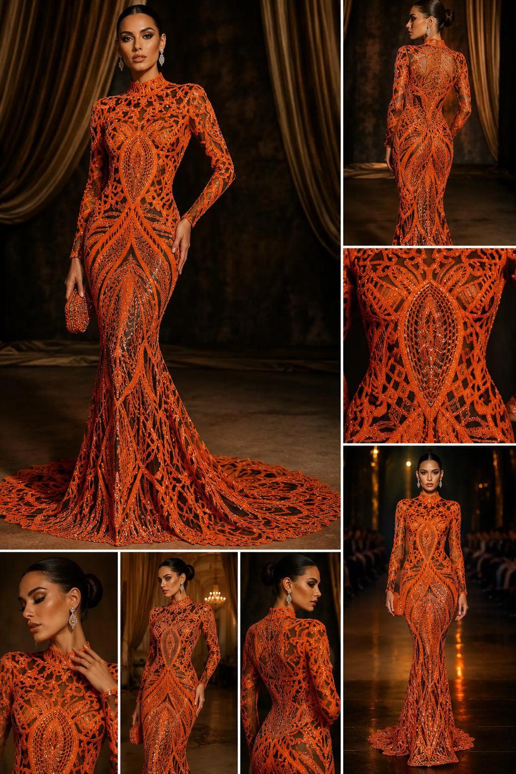 Neon Orange/Black - Marvelous Mermaid Luxury Shiny Sequin 4-Way Stretch Mesh Fabric – Prom & Evening Dress Material By The Yard.