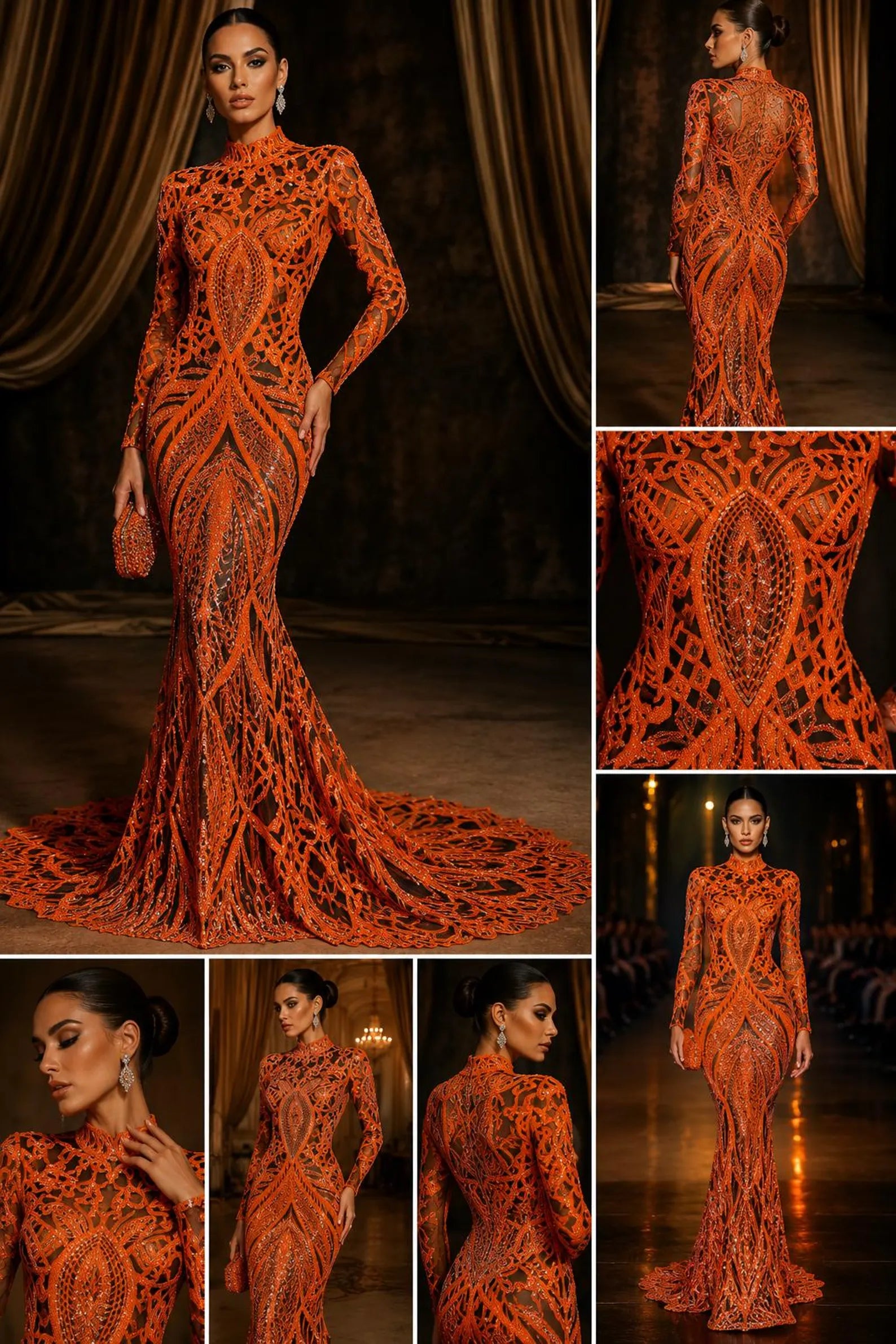 Neon Orange/Black - Marvelous Mermaid Luxury Shiny Sequin 4-Way Stretch Mesh Fabric – Prom & Evening Dress Material By The Yard.
