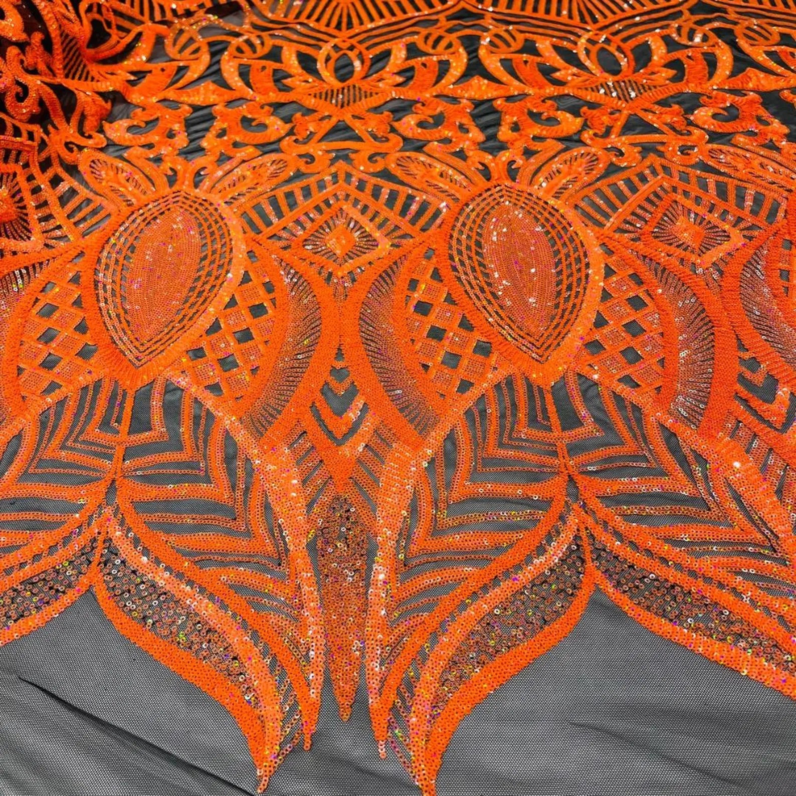 Neon Orange/Black - Marvelous Mermaid Luxury Shiny Sequin 4-Way Stretch Mesh Fabric – Prom & Evening Dress Material By The Yard.