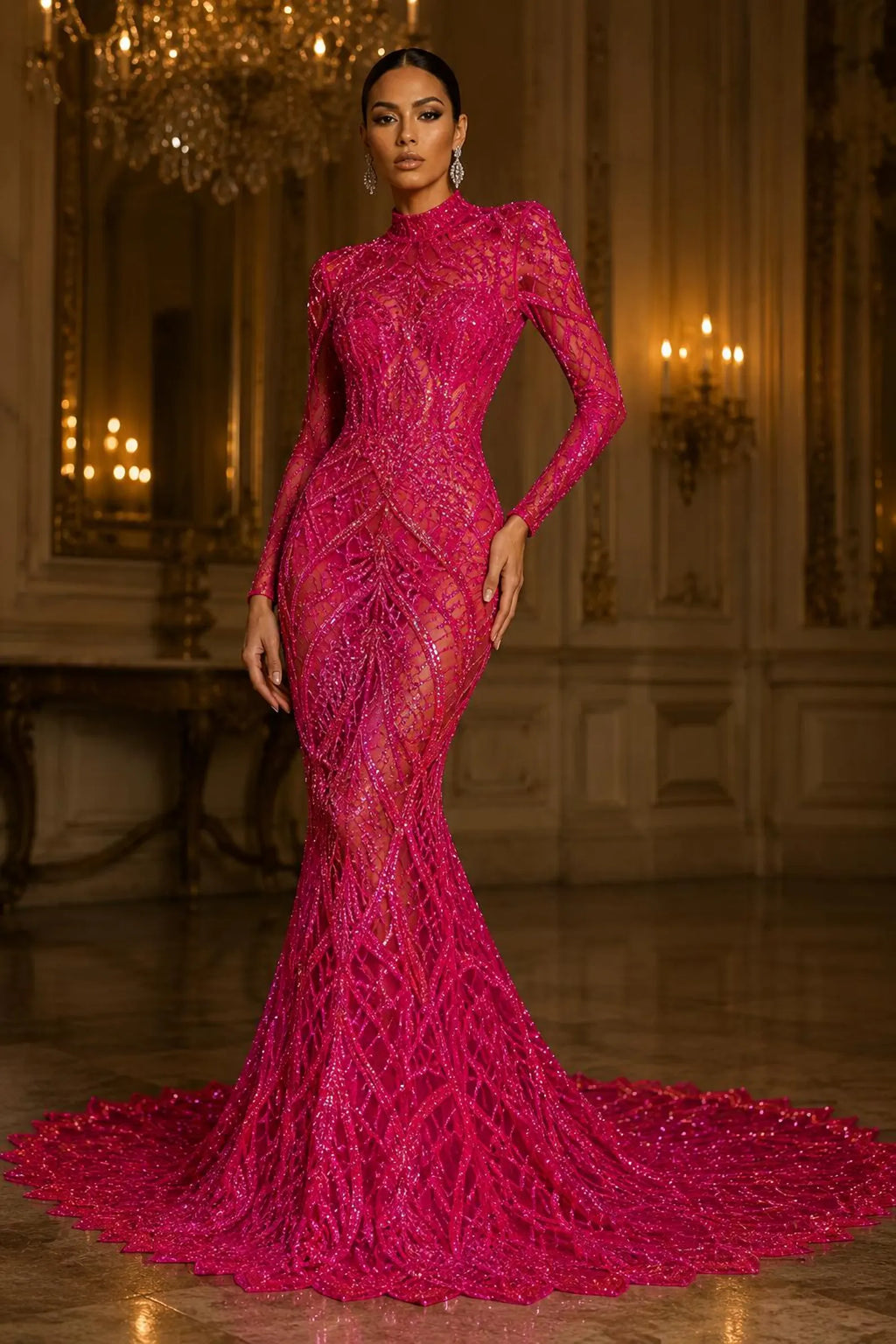 Neon Fuchsia - Marvelous Mermaid Luxury Shiny Sequin 4-Way Stretch Mesh Fabric – Prom & Evening Dress Material By The Yard.