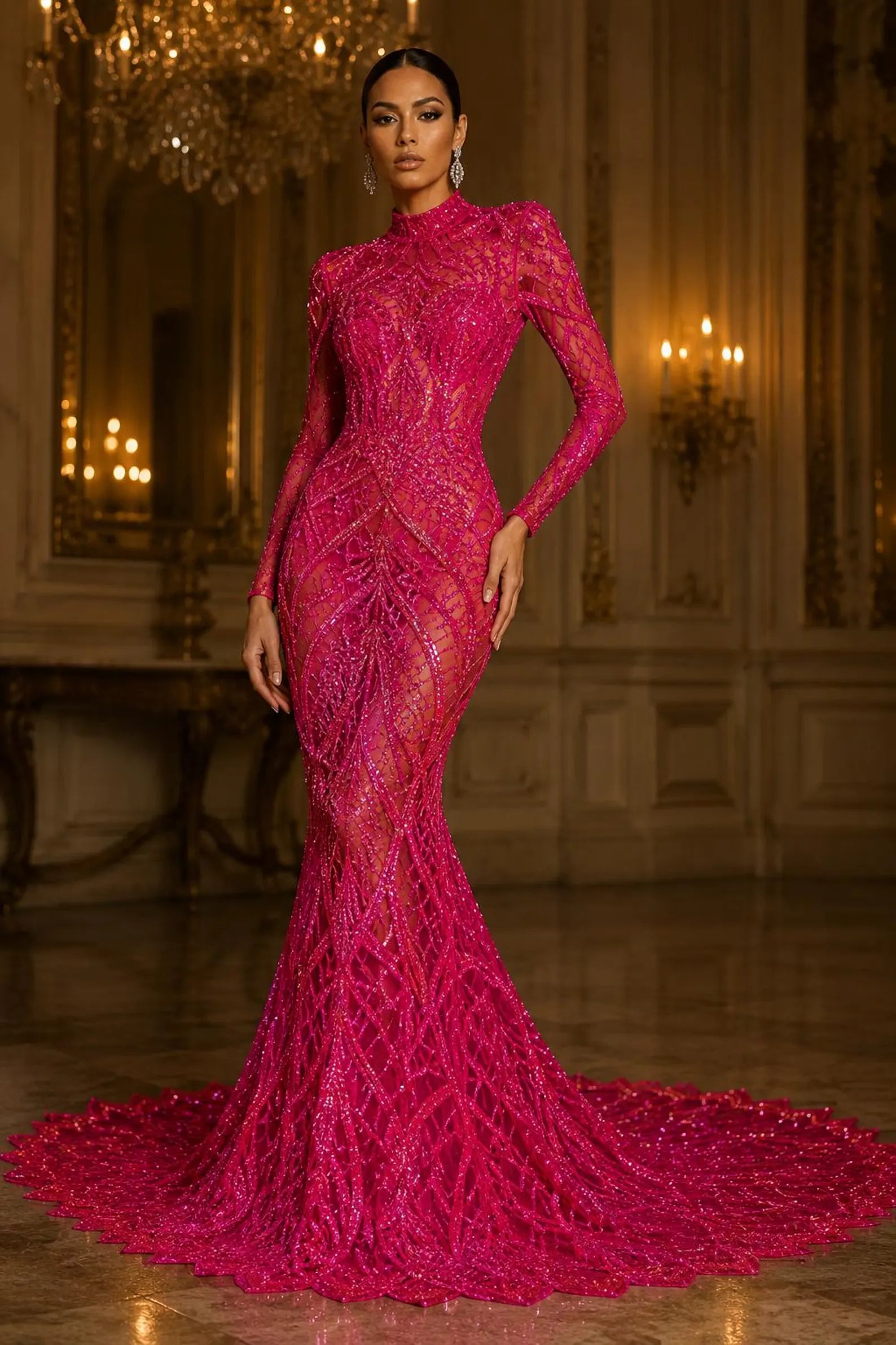 Neon Fuchsia - Marvelous Mermaid Luxury Shiny Sequin 4-Way Stretch Mesh Fabric – Prom & Evening Dress Material By The Yard.