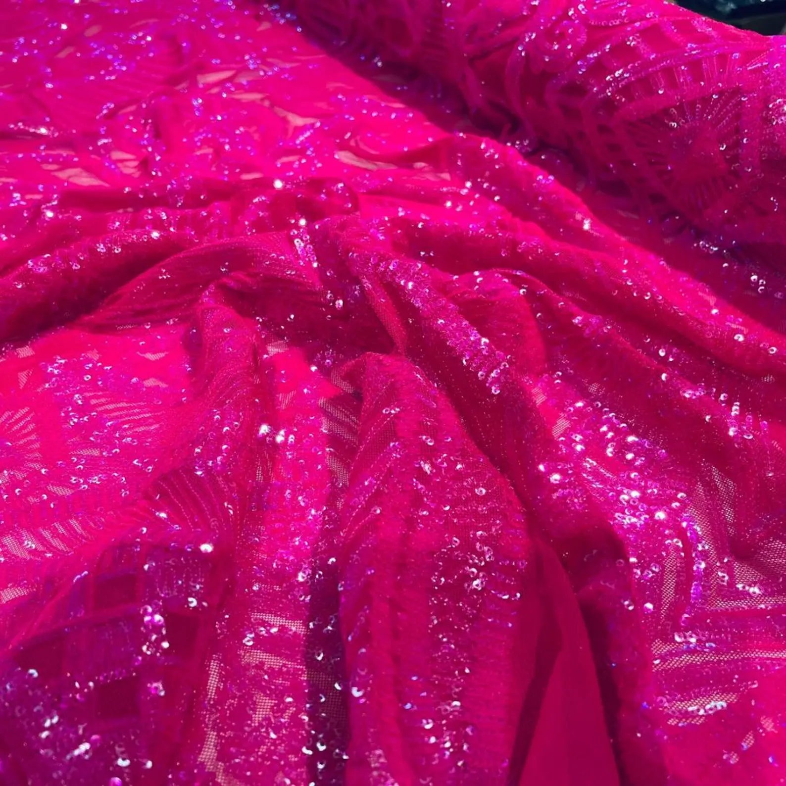 Neon Fuchsia - Marvelous Mermaid Luxury Shiny Sequin 4-Way Stretch Mesh Fabric – Prom & Evening Dress Material By The Yard.