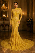 Bright Yellow - Marvelous Mermaid Luxury Shiny Sequin 4-Way Stretch Mesh Fabric – Prom & Evening Dress Material By The Yard.