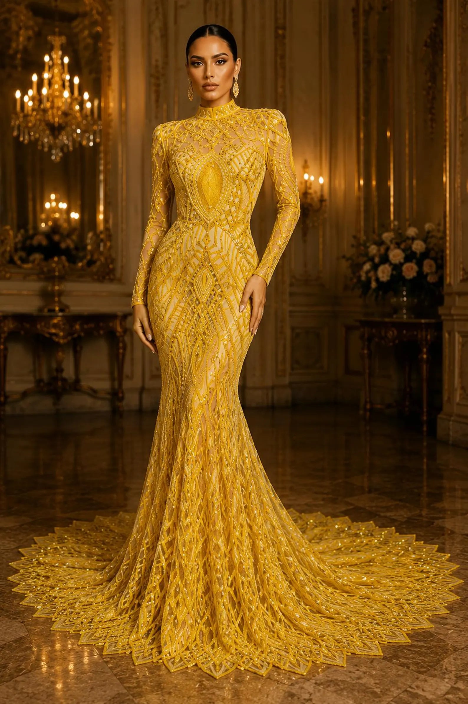 Bright Yellow - Marvelous Mermaid Luxury Shiny Sequin 4-Way Stretch Mesh Fabric – Prom & Evening Dress Material By The Yard.