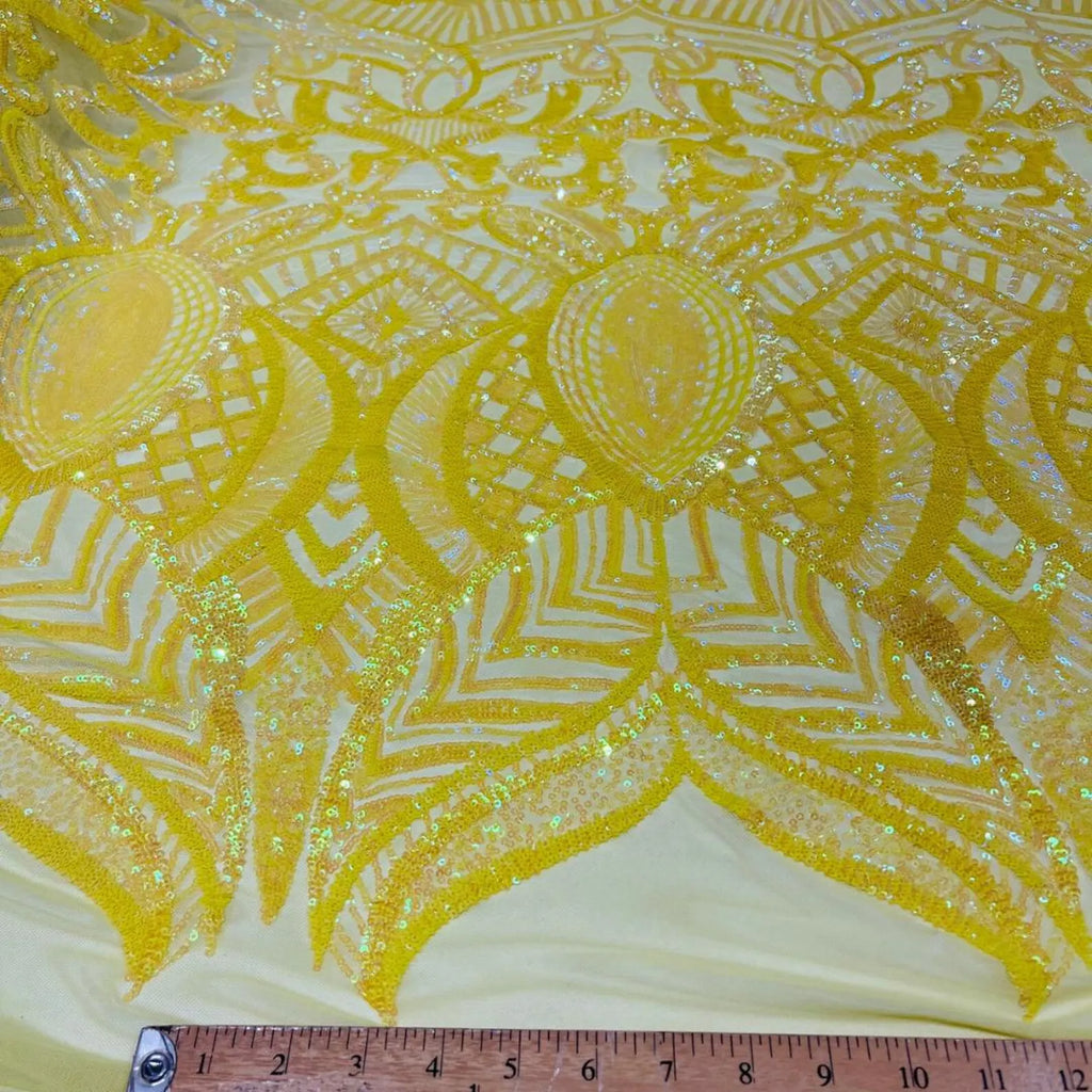Bright Yellow - Marvelous Mermaid Luxury Shiny Sequin 4-Way Stretch Mesh Fabric – Prom & Evening Dress Material By The Yard.