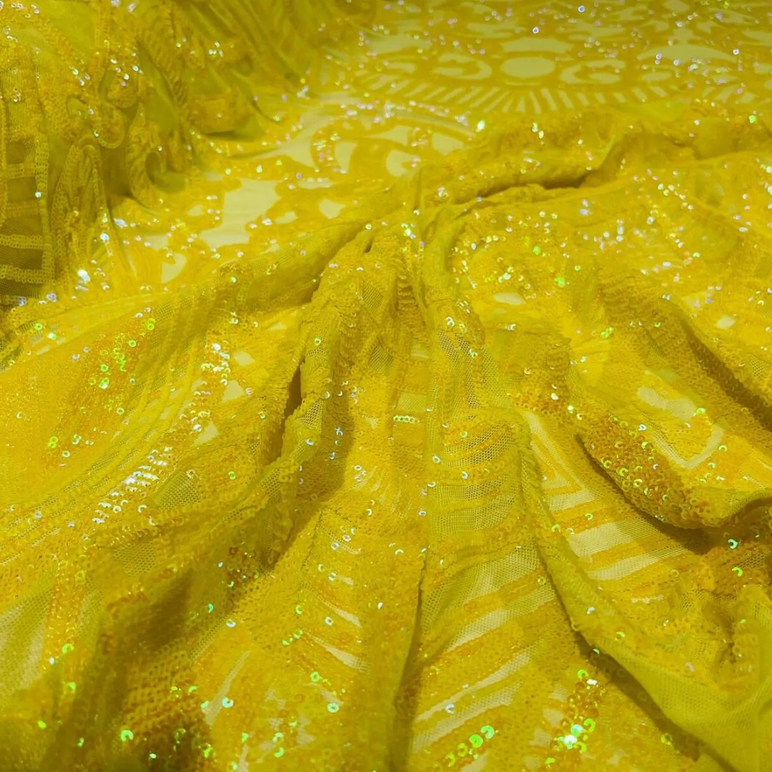 Bright Yellow - Marvelous Mermaid Luxury Shiny Sequin 4-Way Stretch Mesh Fabric – Prom & Evening Dress Material By The Yard.