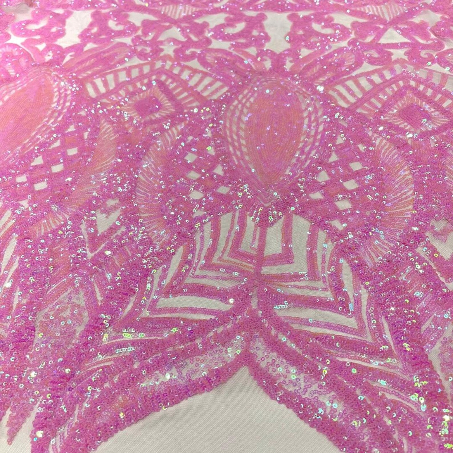 Candy Pink - Marvelous Mermaid Luxury Shiny Sequin 4-Way Stretch Mesh Fabric – Prom & Evening Dress Material By The Yard.
