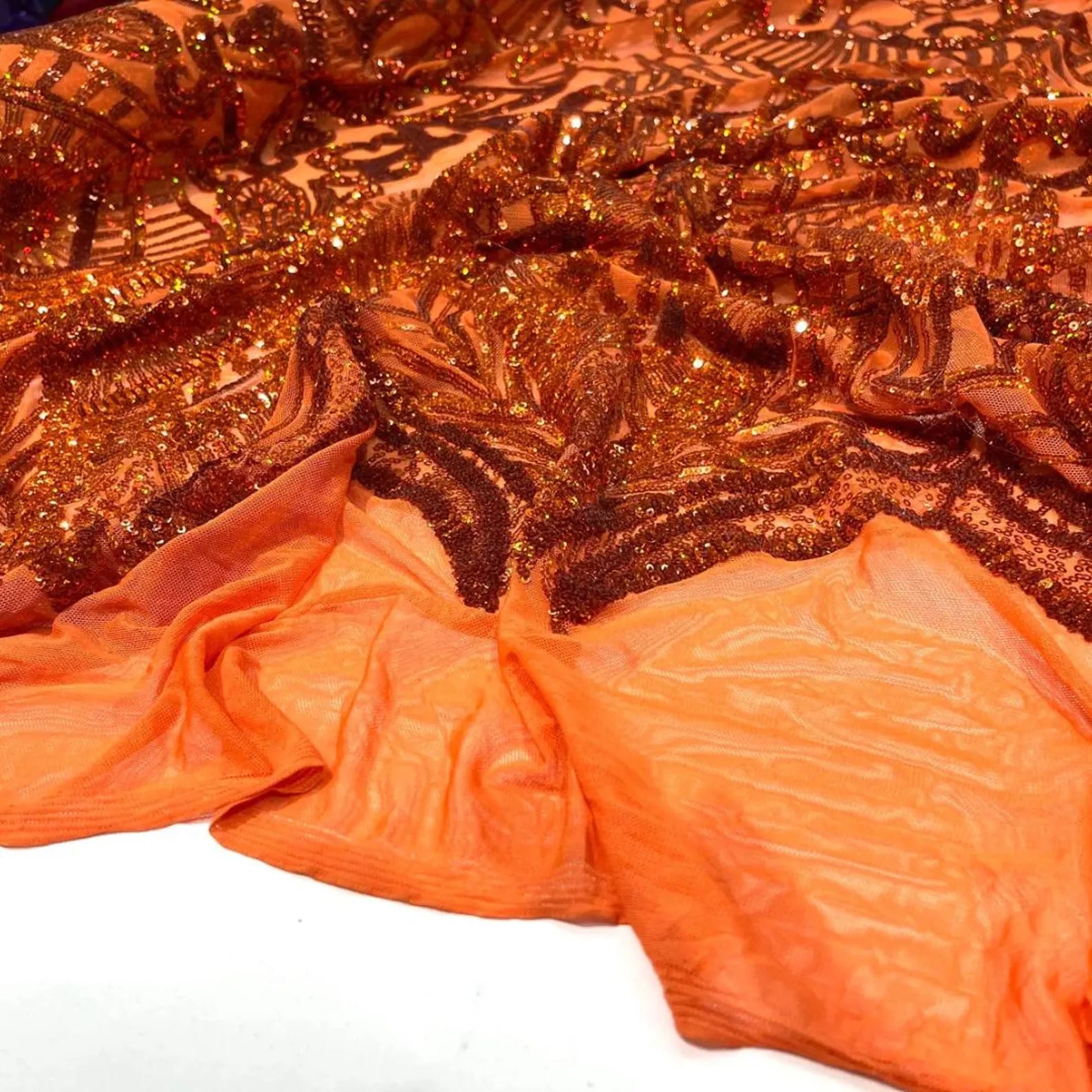 Burnt Orange - Marvelous Mermaid Luxury Shiny Sequin 4-Way Stretch Mesh Fabric – Prom & Evening Dress Material By The Yard.