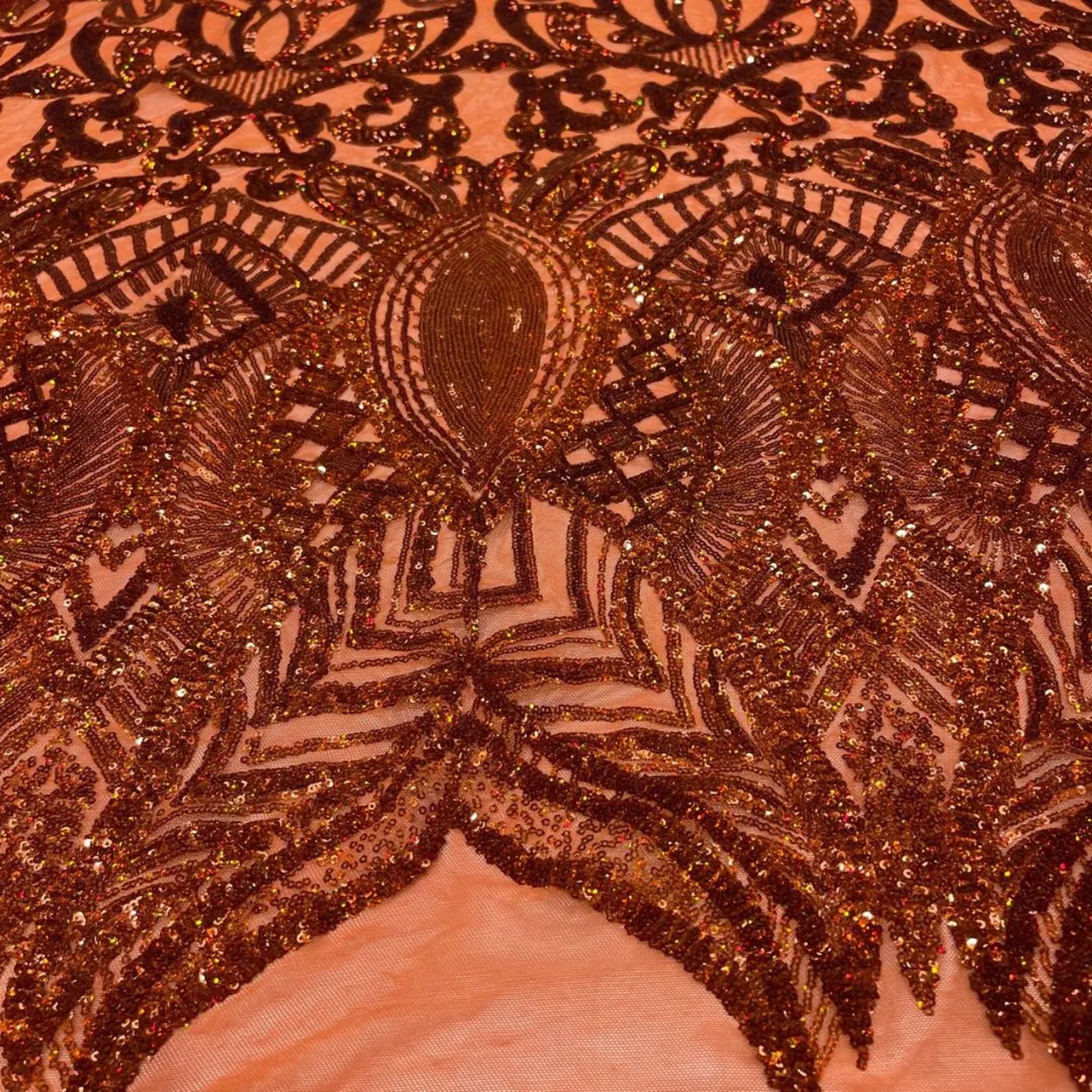 Burnt Orange - Marvelous Mermaid Luxury Shiny Sequin 4-Way Stretch Mesh Fabric – Prom & Evening Dress Material By The Yard.