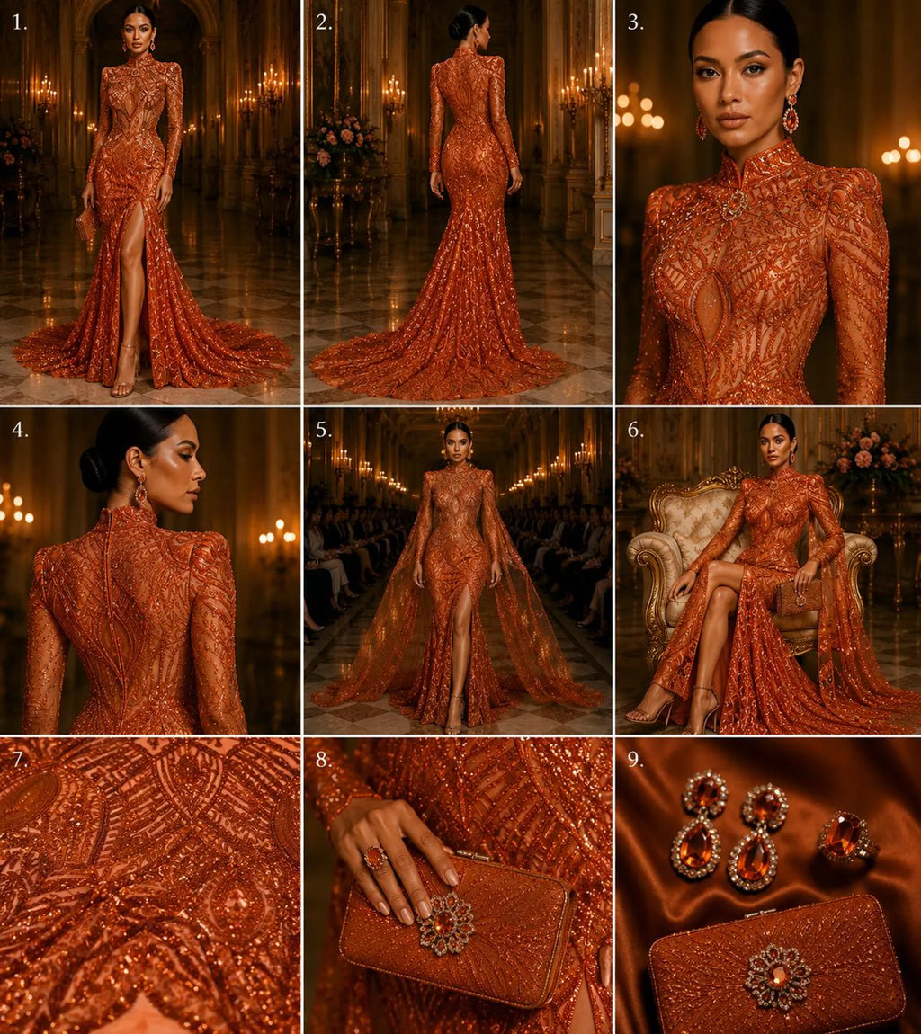 Burnt Orange - Marvelous Mermaid Luxury Shiny Sequin 4-Way Stretch Mesh Fabric – Prom & Evening Dress Material By The Yard.