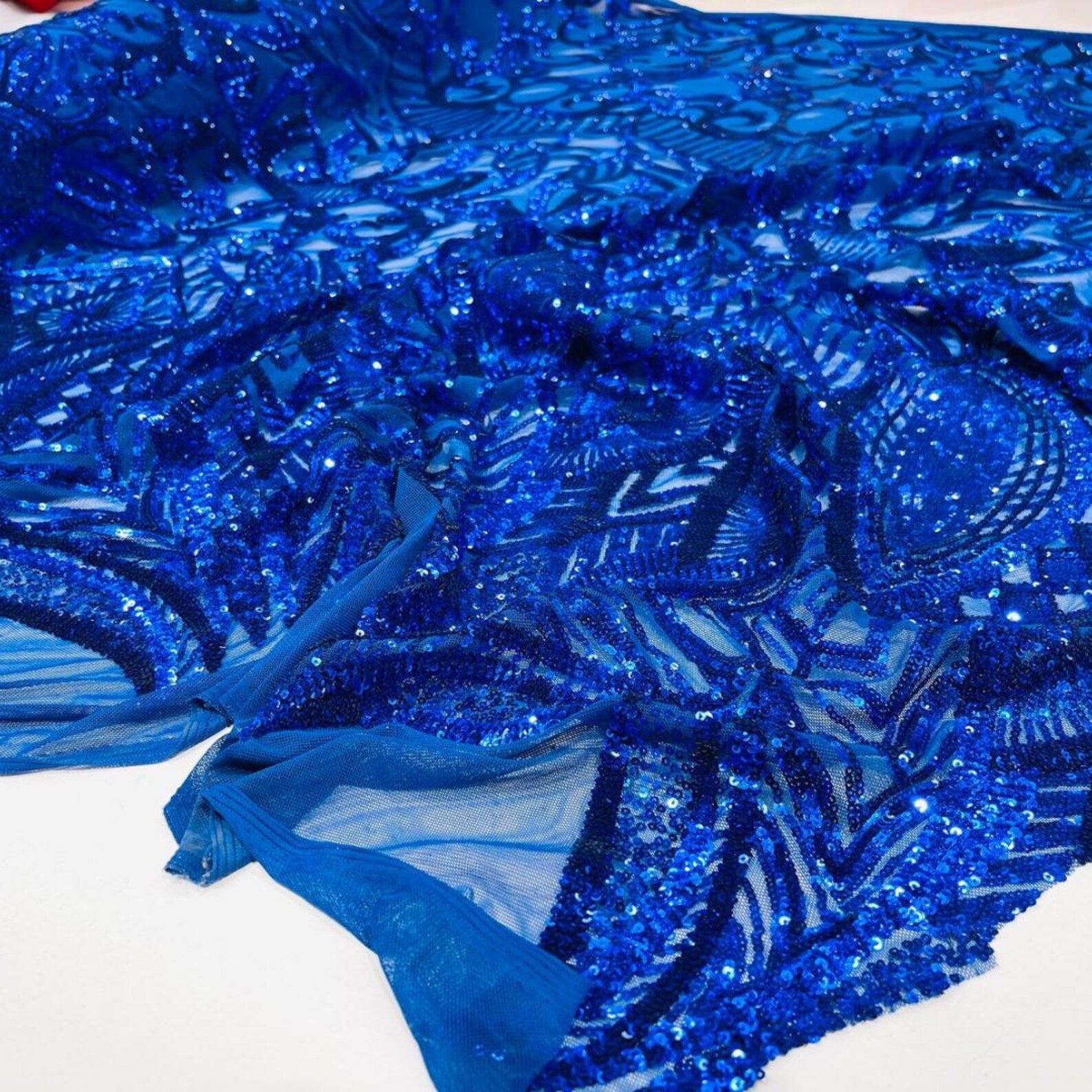 Royal Blue - Marvelous Mermaid Luxury Shiny Sequin 4-Way Stretch Mesh Fabric – Prom & Evening Dress Material By The Yard.