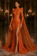 Orange - Marvelous Mermaid Luxury Shiny Sequin 4-Way Stretch Mesh Fabric – Prom & Evening Dress Material By The Yard.