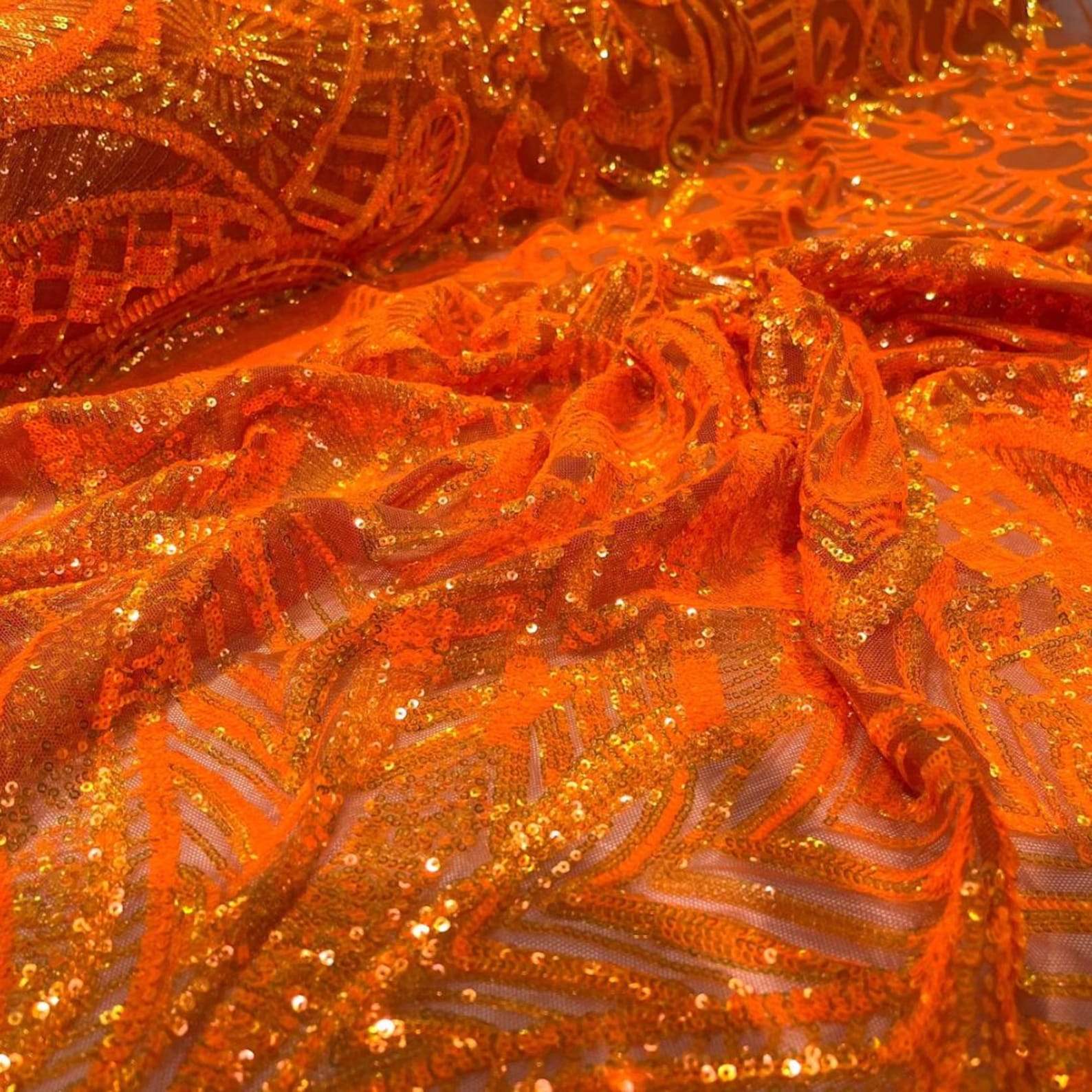 Orange - Marvelous Mermaid Luxury Shiny Sequin 4-Way Stretch Mesh Fabric – Prom & Evening Dress Material By The Yard.