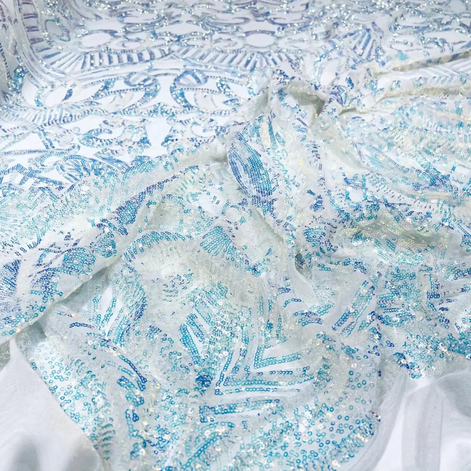 Clear Aqua - Marvelous Mermaid Luxury Shiny Sequin 4-Way Stretch Mesh Fabric – Prom & Evening Dress Material By The Yard.