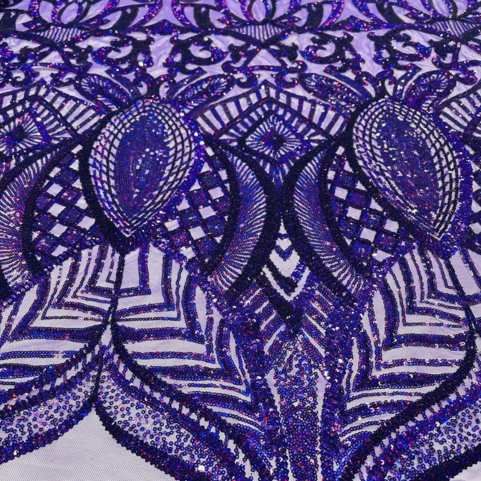 Purple - Marvelous Mermaid Luxury Shiny Sequin 4-Way Stretch Mesh Fabric – Prom & Evening Dress Material By The Yard.